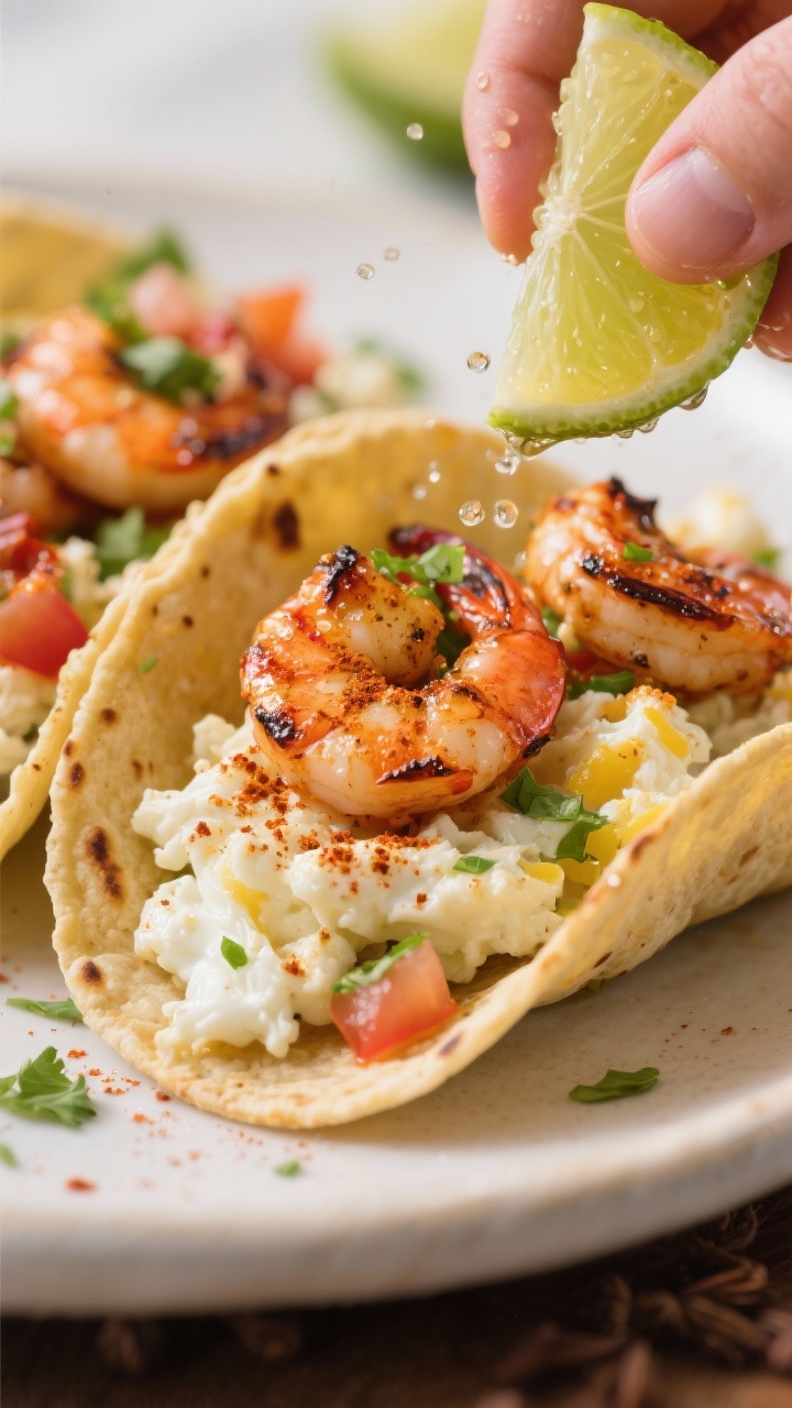 Action close-up of chili-lime shrimp and egg white scramble tacos: charred, juicy shrimp dusted with chili powder, cumin, and smoked paprika, glistening with lime zest; fluffy egg white scramble tucked into lightly toasted corn tortillas; finishing squeeze of lime juice beading on the shrimp; pico or cilantro as a fresh accent; captured mid-squeeze with droplets in motion, bright daylight and bold color contrast.