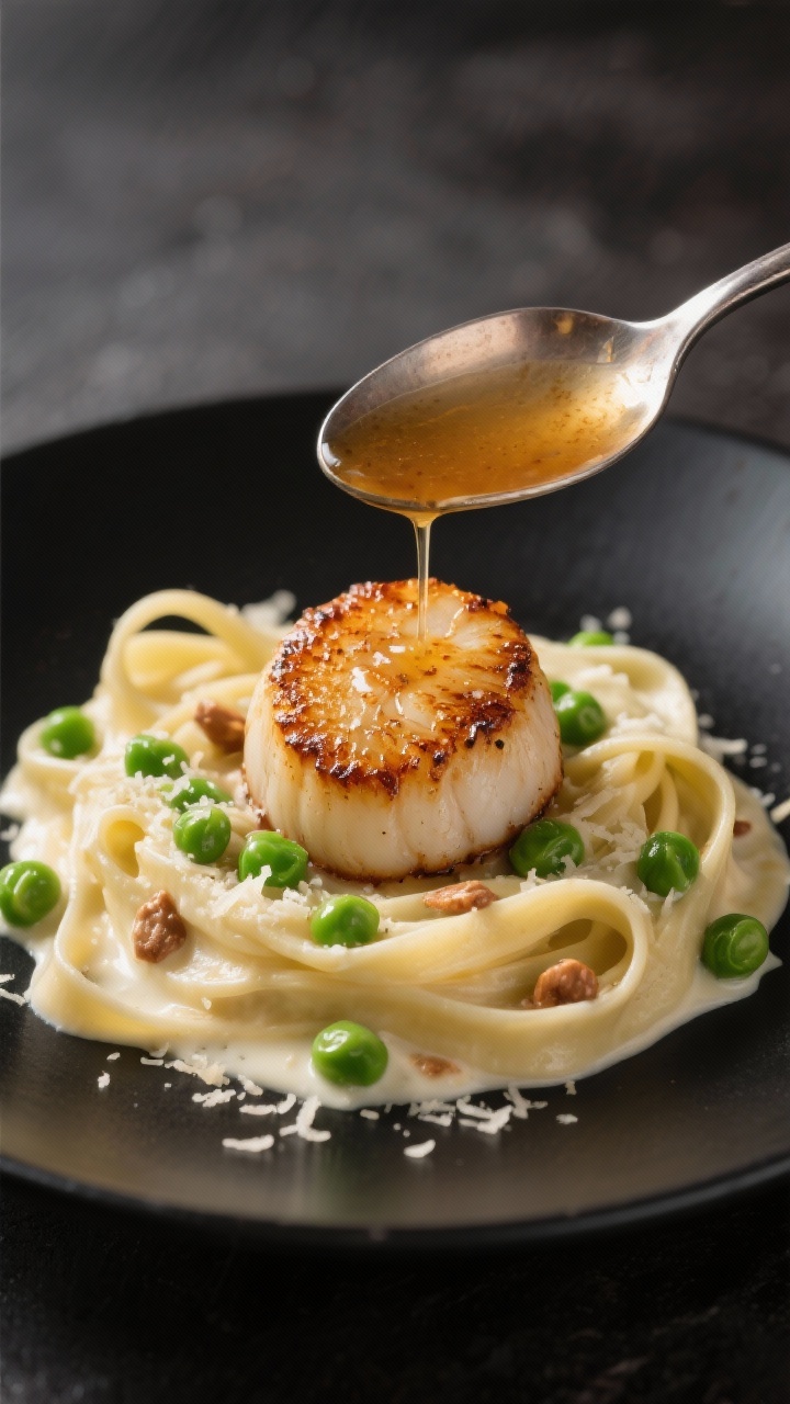 Action close-up: Seared large sea scallops with deep golden brown butter crust nestled on tagliatelle in a creamy Alfredo with peas; tiny browned milk solids from the butter dot the sauce, bright green peas pop against the ivory pasta, and finely grated Parmesan melts in; a spoon drizzles nutty brown butter over scallops; captured at 45 degrees on a matte black plate.