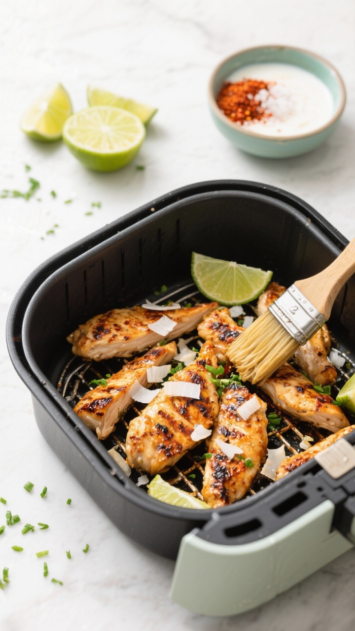 An overhead air-fryer scene of spicy coconut chicken with lime: boneless strips arranged in an air-fryer basket, lightly charred edges and toasted coconut flecks; a small bowl of full-fat coconut milk mixed with lime juice, chili powder, and kosher salt beside lime wedges; a brush for coating; bright, fresh styling with green lime zest sprinkled over, clean modern countertop for a light, tropical feel.