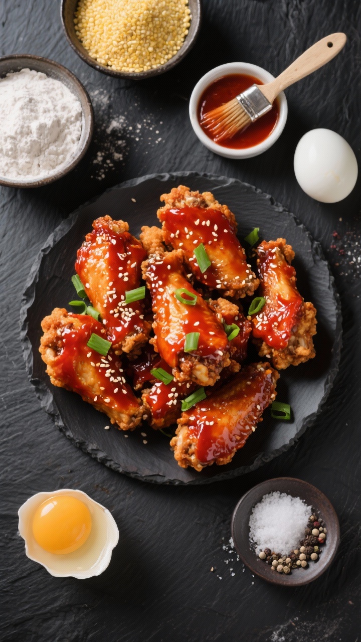 An overhead flat lay of Korean-style twice-fried chicken wings tossed in a glossy gochujang glaze: sticky, brick-red sheen with sesame seeds and finely sliced green onion garnish; bowls of cornstarch, a bit of all-purpose flour, baking powder, and a separated egg white nearby; a ramekin of gochujang sauce with a brush; white pepper and salt pinch dish; dark slate surface for bold color contrast.