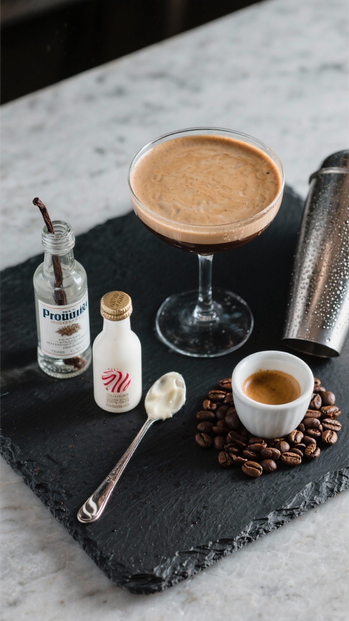 An overhead flat lay of the Frosted Forest White Chocolate Peppermint Espresso Martini ingredients and build: a coupe glass with a mocha-tan crema layer from cooled espresso and heavy cream, small bottles of vanilla vodka and white crème de cacao, a measured pour of peppermint schnapps, a demitasse of cooled espresso, and coffee beans sprinkled in a ring; stainless shaker with condensation, bar spoon with creamy streaks, on a dark slate board to emphasize contrast and café-bar mood.