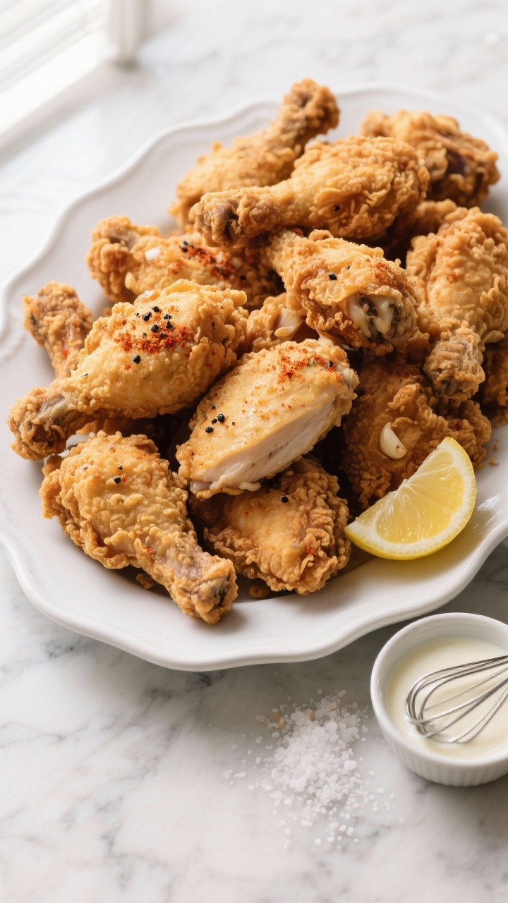 An overhead shot of Southern buttermilk fried chicken piled on a white enamel platter, showing a mix of bone-in thighs, drumsticks, and breasts with deeply golden, craggy crust; visible flecks of paprika, black pepper, garlic and onion powder in the seasoned flour; a small bowl of creamy buttermilk marinade in the corner with a whisk; sprinkle of kosher salt on a marble surface; served with lemon wedges and a ramekin of flaky salt; soft natural window light, high contrast to emphasize crunchy texture.