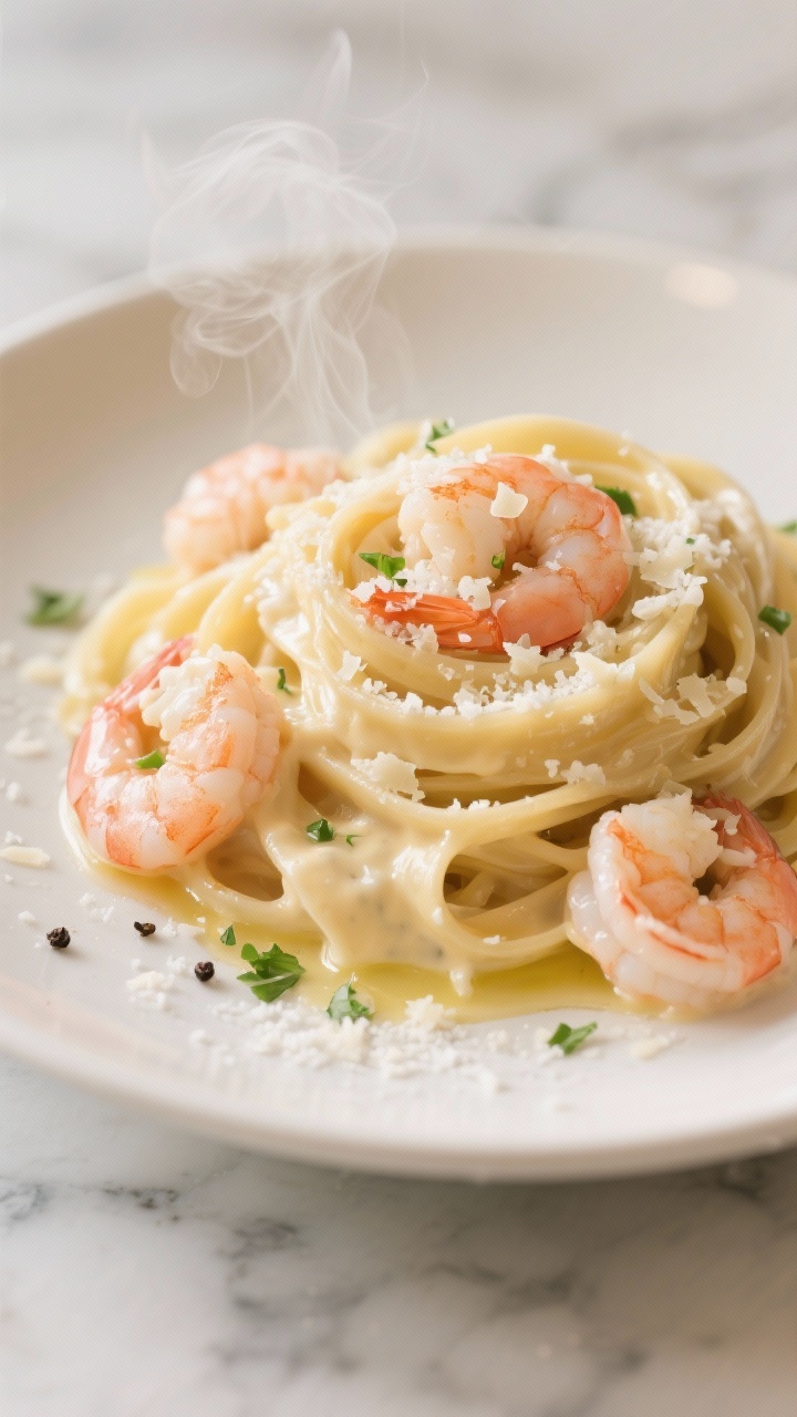 Close-up, 45-degree angle: A twirl of glossy fettuccine coated in silky Alfredo sauce topped with plump pink shrimp, minced garlic flecks, and a snowfall of freshly grated Parmesan; hints of heavy cream richness with a light sheen of olive oil and butter pooling slightly on the plate, steam rising; served on a warm white ceramic plate with cracked black pepper and chopped parsley on a marble surface.