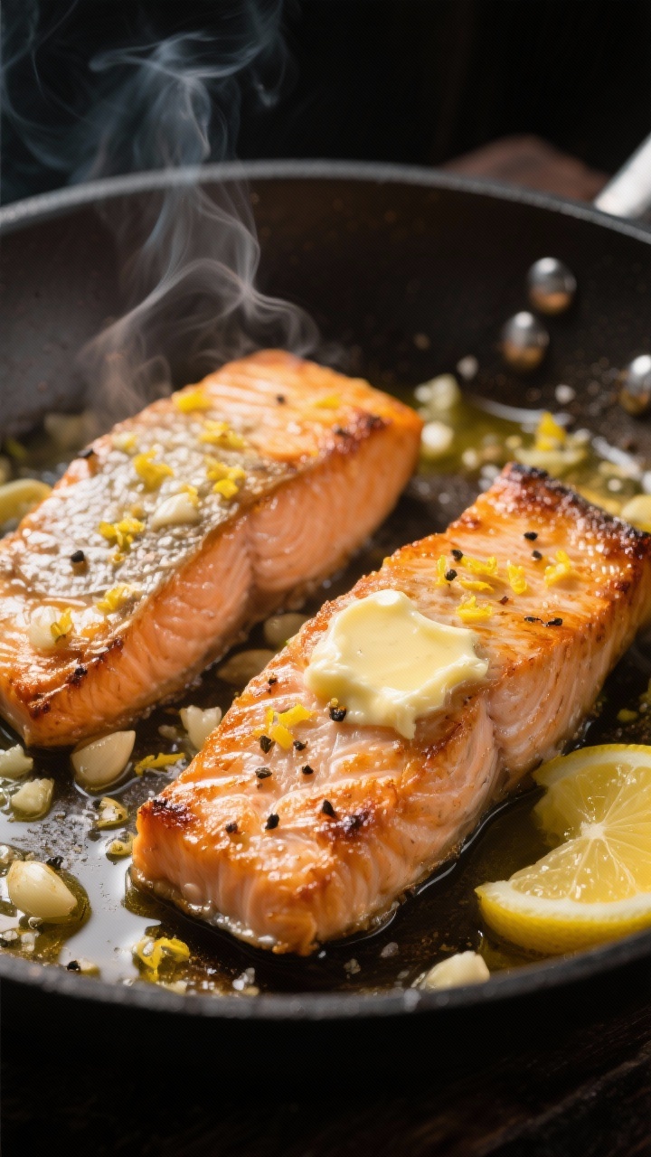 Close-up, 45-degree angle: Sizzling lemon-garlic butter salmon fillets, skin-on, in a stainless skillet. Crispy, well-rendered edges and blistered skin, butter pooling with minced garlic, lemon zest flecks, and fresh lemon juice glistening. Light olive oil sheen, visible kosher salt and black pepper seasoning. Steam rising, warm golden highlights, moody background, no hands, professional appetizing shine.