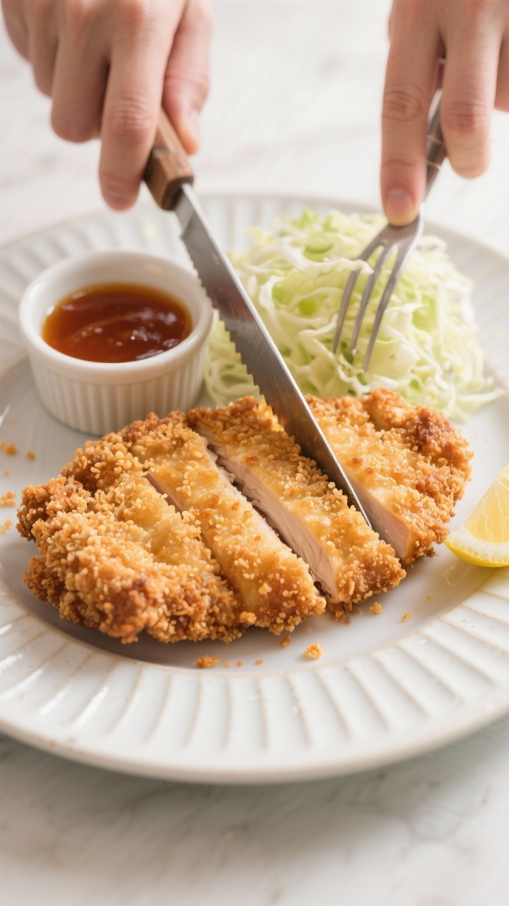 Close-up action shot of crispy baked chicken katsu being sliced, revealing juicy interior; ultra-crunchy panko coating highlighted, served on a ridged plate with a ramekin of tangy tonkatsu sauce, a neat mound of finely shredded cabbage, and lemon wedge; clean, bright lighting and shallow depth of field to emphasize texture.