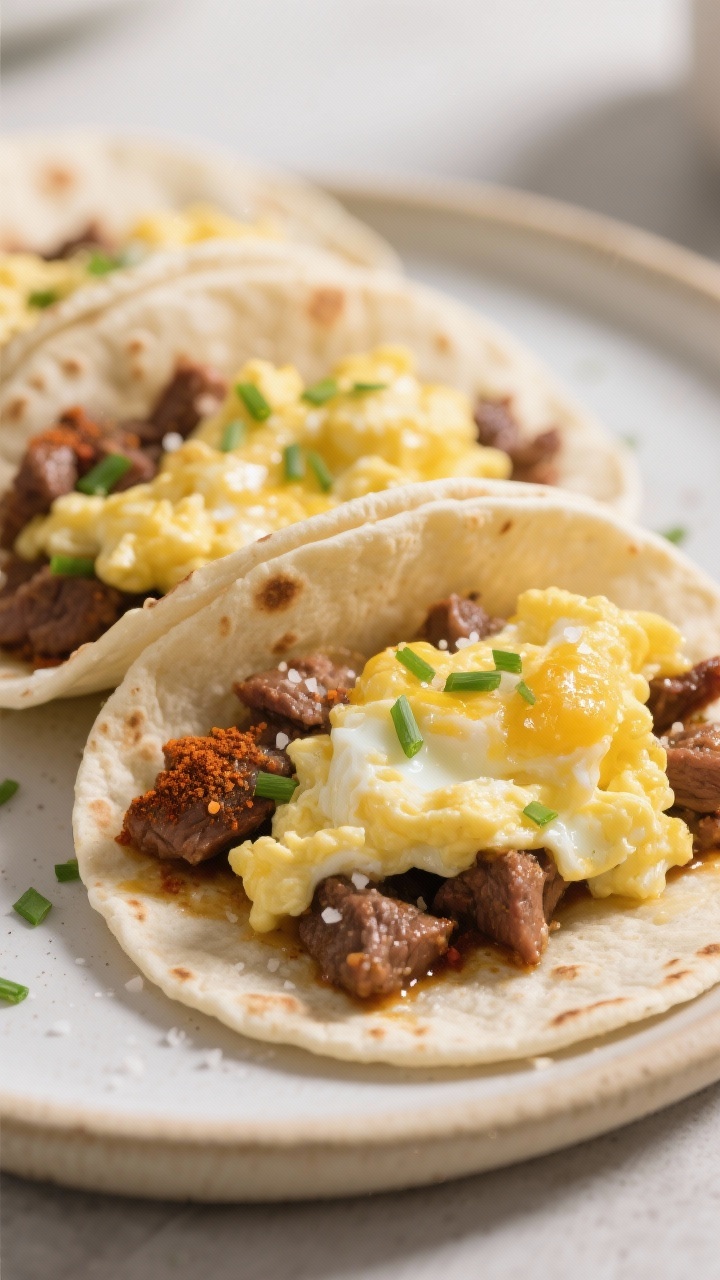 Close-up breakfast tacos: soft-scrambled eggs (eggs whisked with milk/half-and-half) nestled with spiced carne picada (chili powder, ground cumin, kosher salt, black pepper) in small flour tortillas; a gentle butter sheen, fluffy curds, and juicy browned beef; finished with a sprinkle of kosher salt and fresh chives; warm morning light and a minimal ceramic plate.