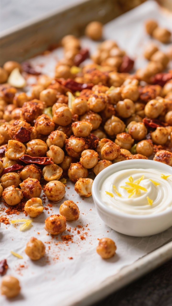 Close-up macro of spicy roasted chickpeas scattered on a parchment-lined sheet pan, deeply toasted and coated with smoked paprika, cumin, chili powder, garlic powder, and olive oil; a small bowl of lemon-garlic yogurt dip with visible lemon zest swirls and a sprinkle of paprika; warm, crunchy texture highlighted with shallow depth of field.