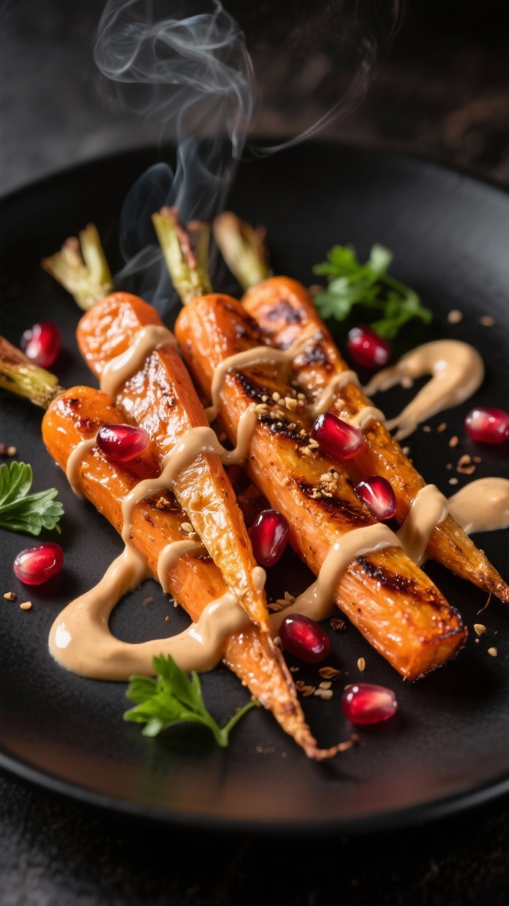 Close-up of cinnamon-roasted carrots with tahini drizzle and pomegranate: caramelized carrot batons with light char, seasoned with cinnamon, cumin, salt, pepper, and a touch of honey, laid on a matte black plate. Silky ribbons of tahini drizzled over, jeweled pomegranate arils scattered, a few parsley leaves for contrast. Steam faintly rising, warm directional light emphasizing glossy edges and cream-tahini contrast.