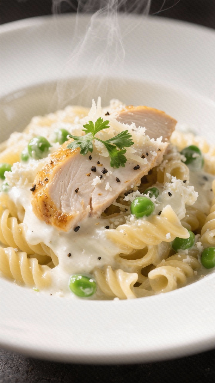 Close-up of creamy cottage cheese alfredo pasta: protein pasta coated in a silky white sauce clinging to ridges, tossed with garlicky seared chicken breast slices (golden edges) and sweet green peas; cracked black pepper and grated parmesan snow; parsley scatter for freshness; sauce glistening with just enough sheen; shallow depth of field on a white ceramic bowl, steam curling, warm tungsten highlights.