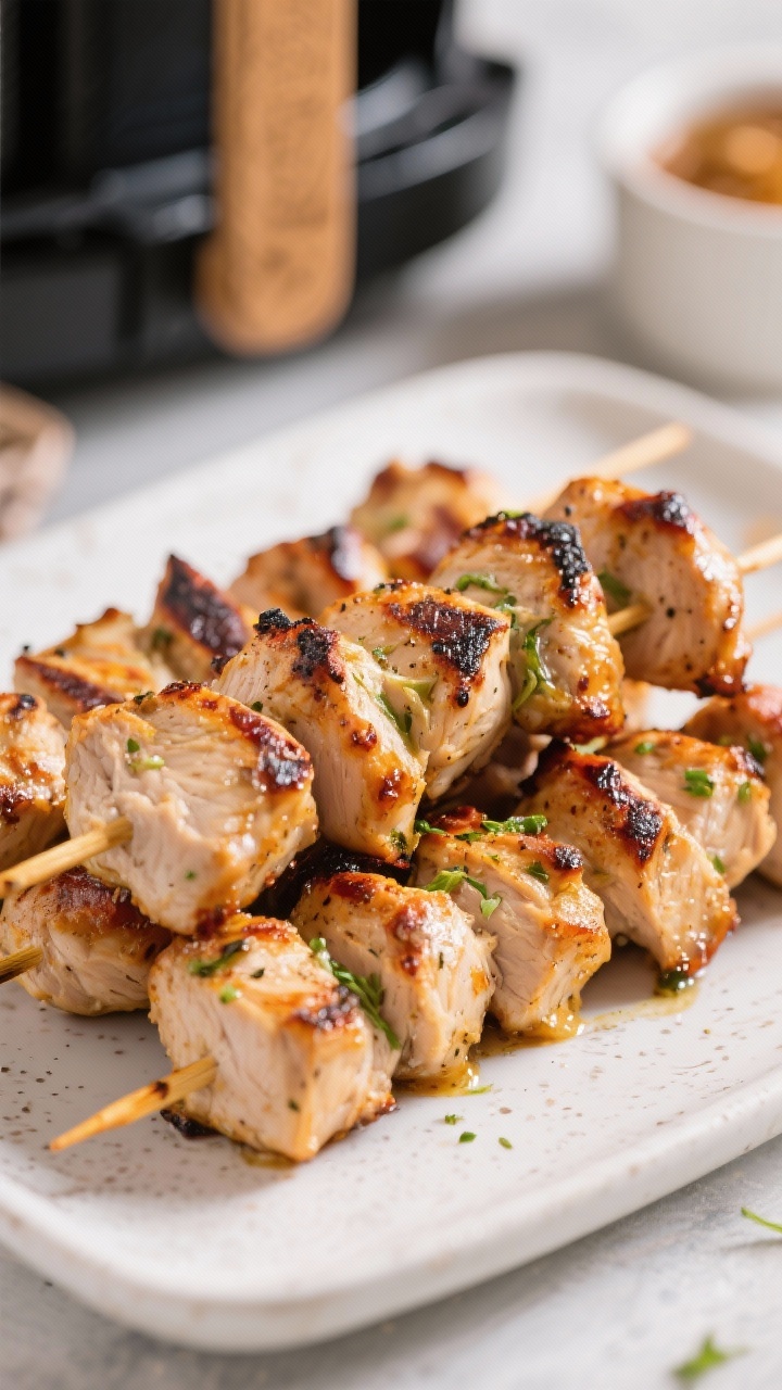 Close-up of Greek chicken souvlaki skewers fresh from the air fryer: juicy