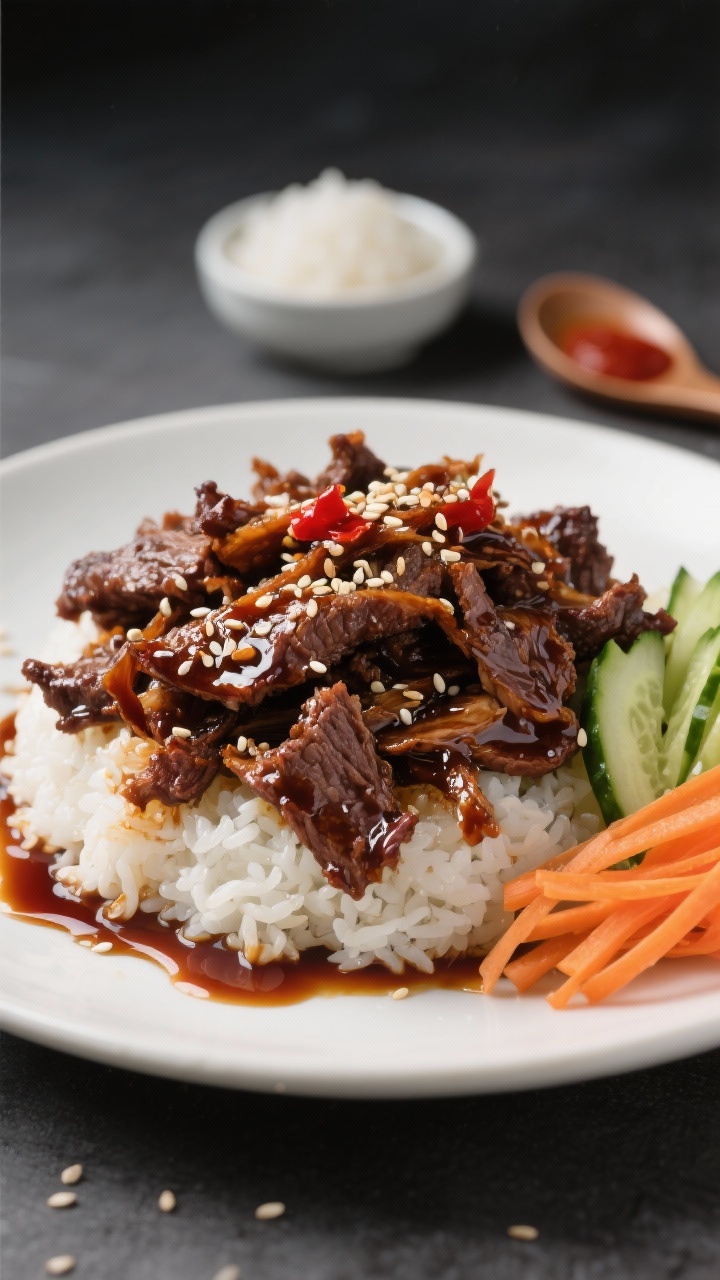 Close-up of Korean-style shredded beef: dark, lacquered strands of chuck glistening with a soy sauce–brown sugar glaze, flecked with gochujang’s red hue and toasted sesame; served over rice with quick pickles (cucumber and carrot ribbons) on the side, a drizzle of sauce pooling at the base, sesame seeds sprinkled on top; shot at 45 degrees to highlight sheen and fibers, clean, modern styling with a small dish of rice vinegar and a spoon of gochujang nearby.