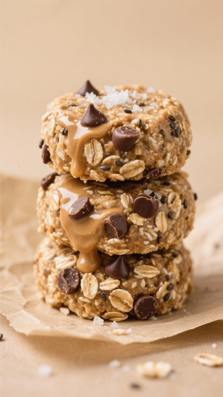 Close-up of no-bake peanut butter chocolate oat bites stacked on parchment: round, textured bites showing rolled oats, natural peanut butter, honey or maple syrup sheen, mini chocolate chips studded throughout, chia seeds speckled, and a pinch of salt flakes on top; warm neutral background, inviting energy-snack vibe.
