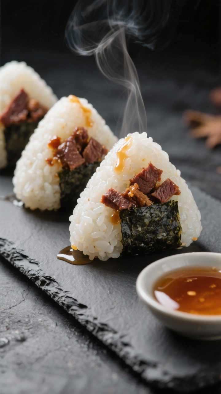 Close-up of onigiri-style rice balls: short-grain rice seasoned with rice vinegar, sugar, and salt, packed around finely chopped beef jerky mixed with honey (sweet-heat glaze peeking through seams), lightly brushed with a hint of maple sheen; triangular shapes on a slate board, a small dish of extra honey-maple glaze nearby, subtle steam, tight focus on glossy rice grains and jerky texture.