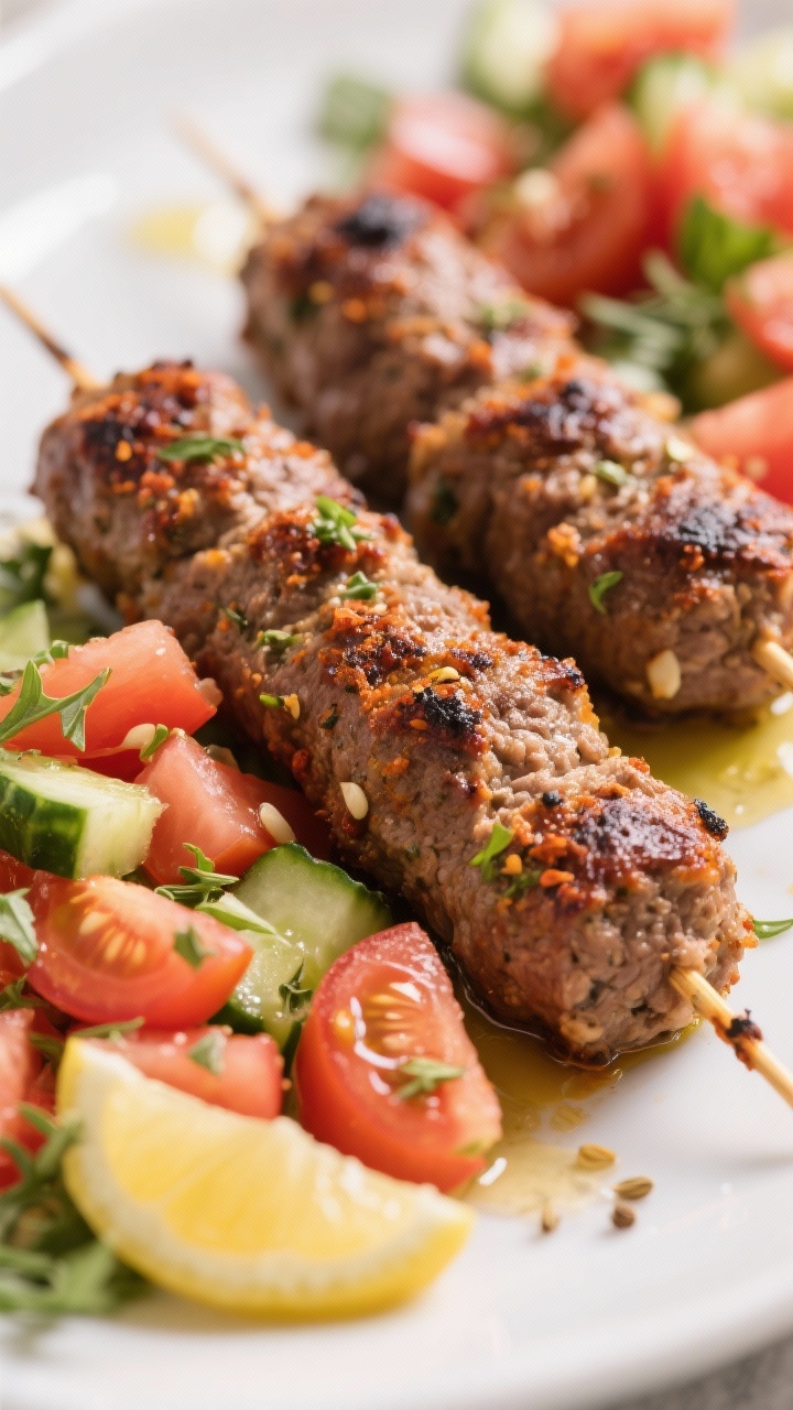 Close-up of spiced lamb kofta skewers: oblong, char-kissed kofta made with ground lamb, finely grated onion, minced garlic, cumin, coriander, allspice, and salt; served with a bright tomato-cucumber salad glistening with olive oil and lemon; scattered fresh herbs, warm tones and juicy textures, shallow depth highlighting spice crust.