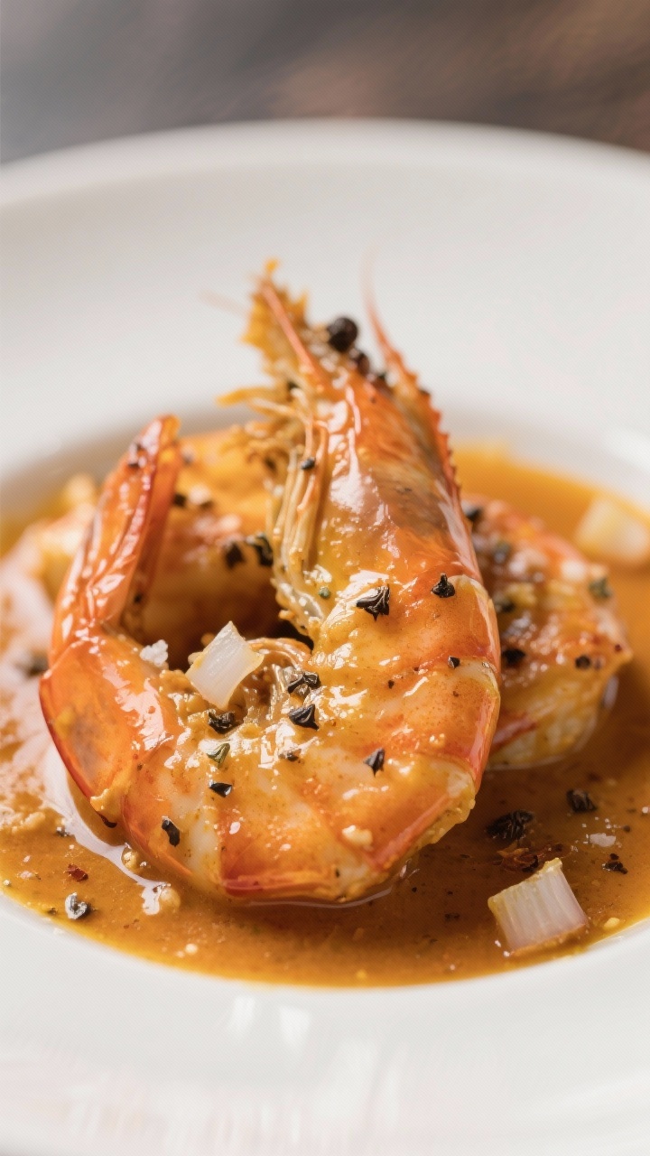 Close-up plated elegance, straight-on: Garam masala butter prawns, silky and glistening in a shallow pool of spiced butter-ghee sauce. Plump prawns coated and peppered with black pepper and kosher salt, hints of finely chopped onion in the sauce, warm amber color and gentle sheen. Minimalist plate, soft bokeh, rich, aromatic mood with subtle spice flecks.
