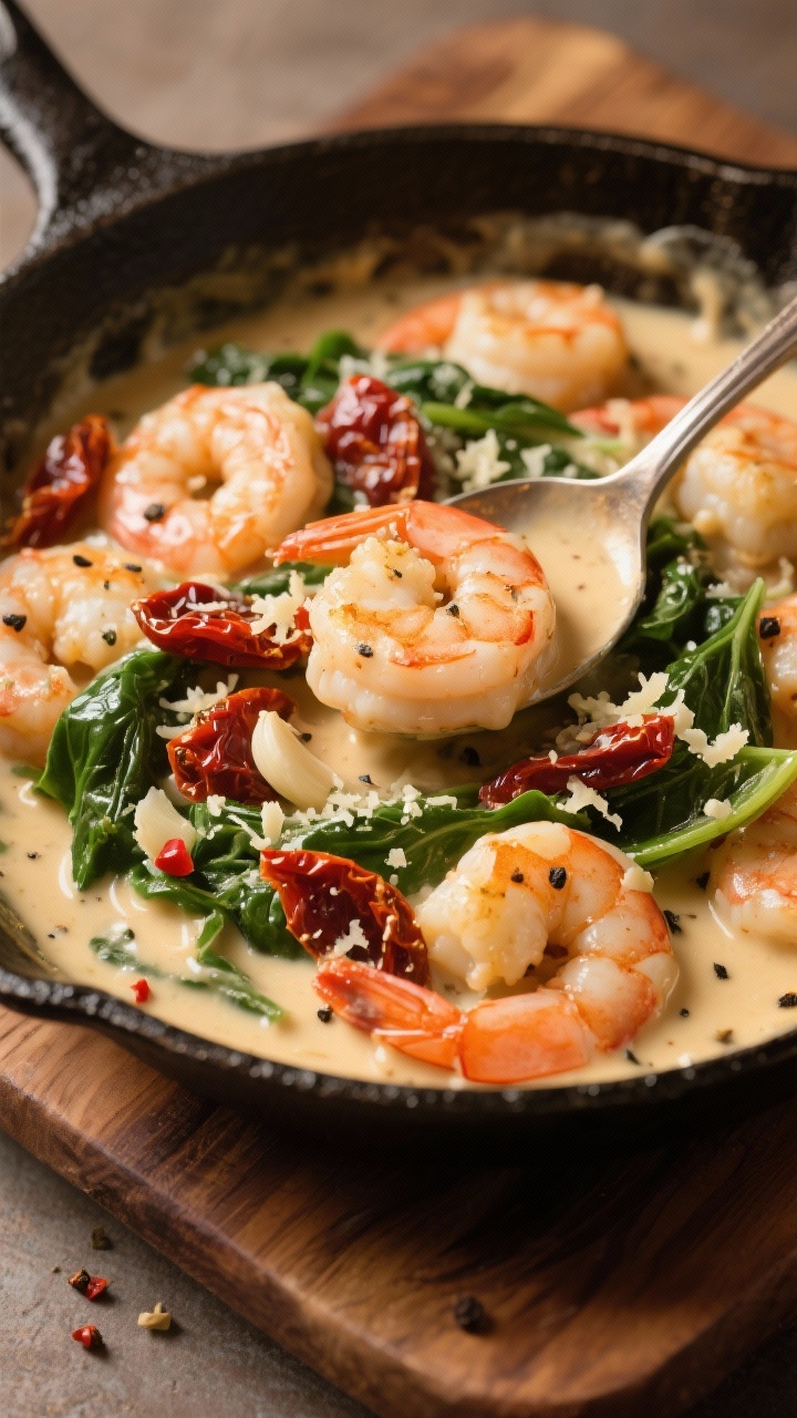 Close-up skillet action: creamy Tuscan shrimp simmering in a light cream sauce with sun-dried tomatoes, minced garlic, a hint of red pepper flakes, and wilted spinach, finished with grated Parmesan; shrimp curled and juicy, sauce clinging with a silky sheen, flecks of black pepper visible; cast-iron skillet on a wooden board, spoon trailing a ribbon of sauce, warm golden lighting for a cozy, indulgent feel.