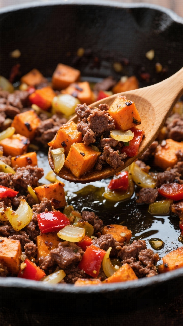 Close-up skillet action shot of chipotle beef and sweet potato hash: browned crumbles of ground beef mingled with small diced sweet potatoes, yellow onion, and red bell pepper, all glistening in olive oil. Minced garlic and specks of smoky chipotle pepper visible, slight char on potato edges. A wooden spatula stirring in a cast-iron skillet, with a spoonful lifted to showcase texture and color—orange sweet potatoes, ruby peppers, translucent onion, deep mahogany beef.