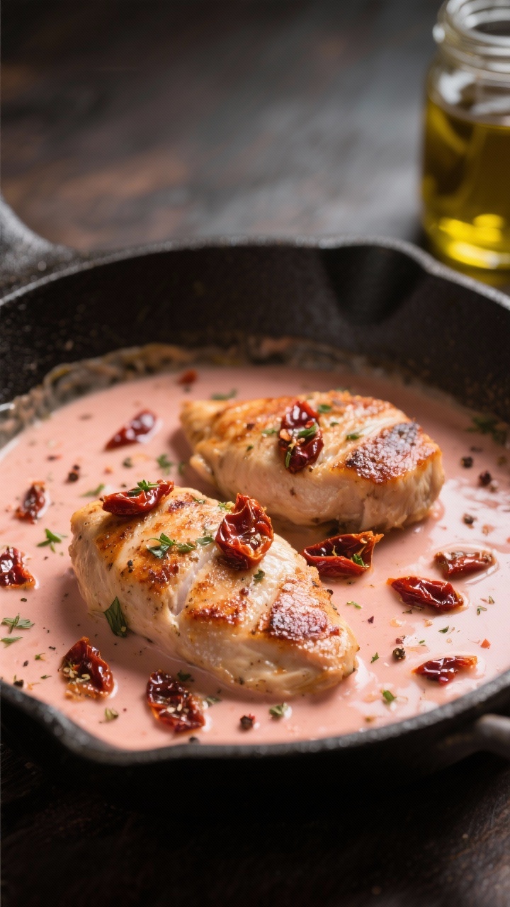 Close-up skillet scene of creamy sun-dried tomato chicken: seared cutlets nestled in a velvety, blush-colored sauce speckled with chopped sun-dried tomatoes and flecks of Italian seasoning; a gloss of olive oil from the tomato jar adds richness; sauce clings to the chicken with visible pepper and herb texture, captured under warm, moody light.