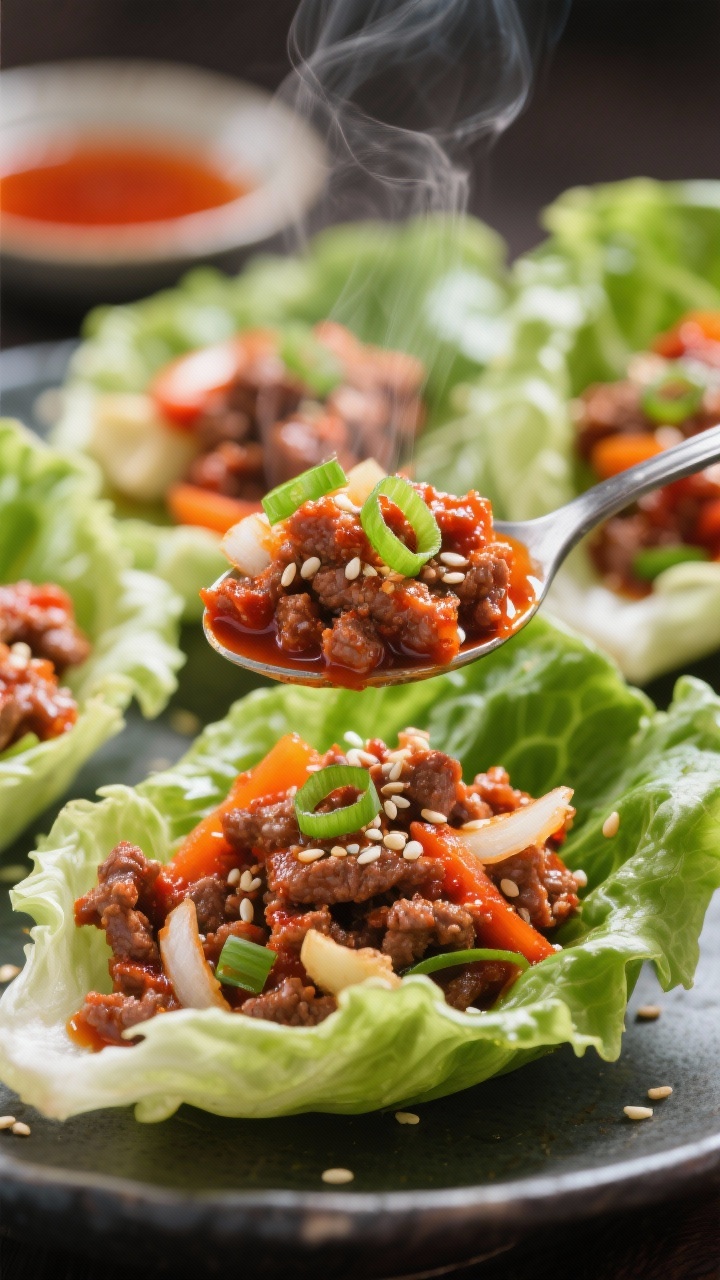 Close-up, straight-on shot of Korean-inspired beef and veggie lettuce cups: glossy gochujang-lacquered lean ground beef cooked with sesame oil, finely chopped onion, garlic, and grated ginger, seasoned with low-sodium soy sauce. Spoonfuls tucked into crisp lettuce leaves, topped with thinly sliced scallions and sesame seeds. Vibrant red-orange gochujang glow contrasts with cool greens; shallow depth of field and visible steam.