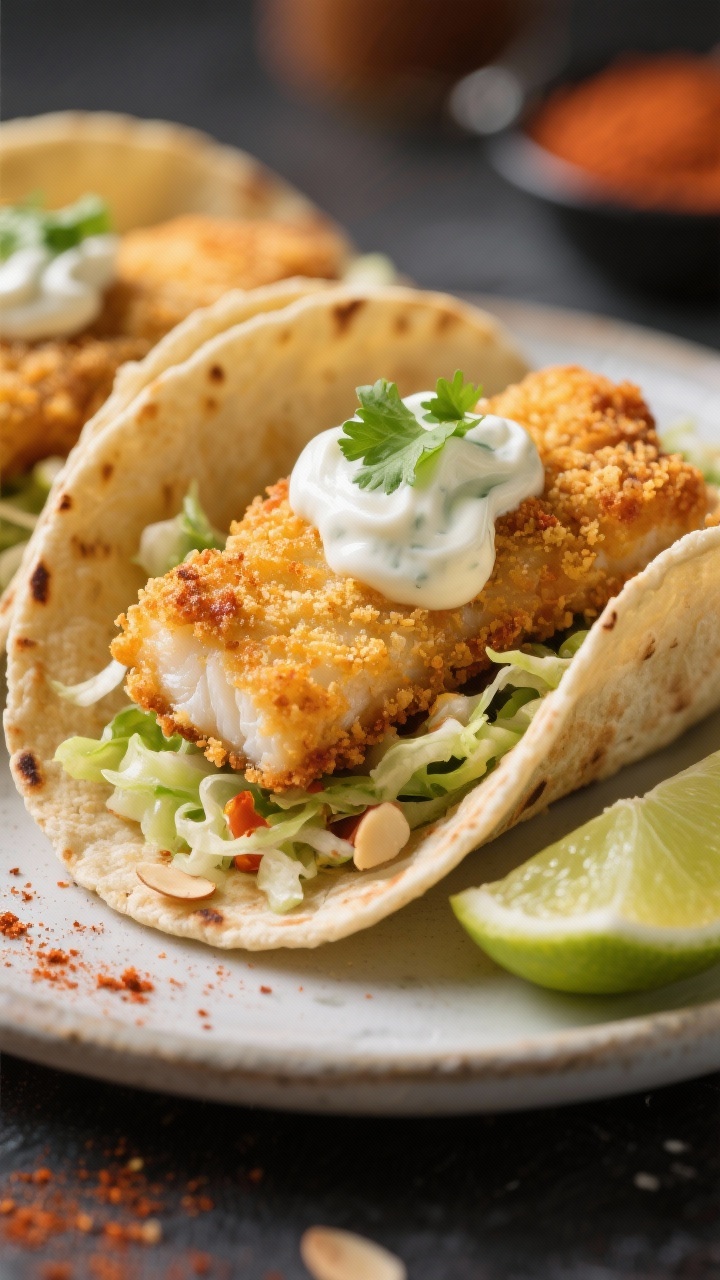 Close-up taco beauty shot: crispy air-fryer fish strips (cod/mahi) coated in panko and almond flour with chili powder, smoked paprika, and garlic powder nestled in warm tortillas; topped with crunchy slaw and a glossy swirl of cilantro-lime yogurt, lime wedges on the side; golden, airy crumb texture emphasized, shallow depth of field, vibrant street-food energy.
