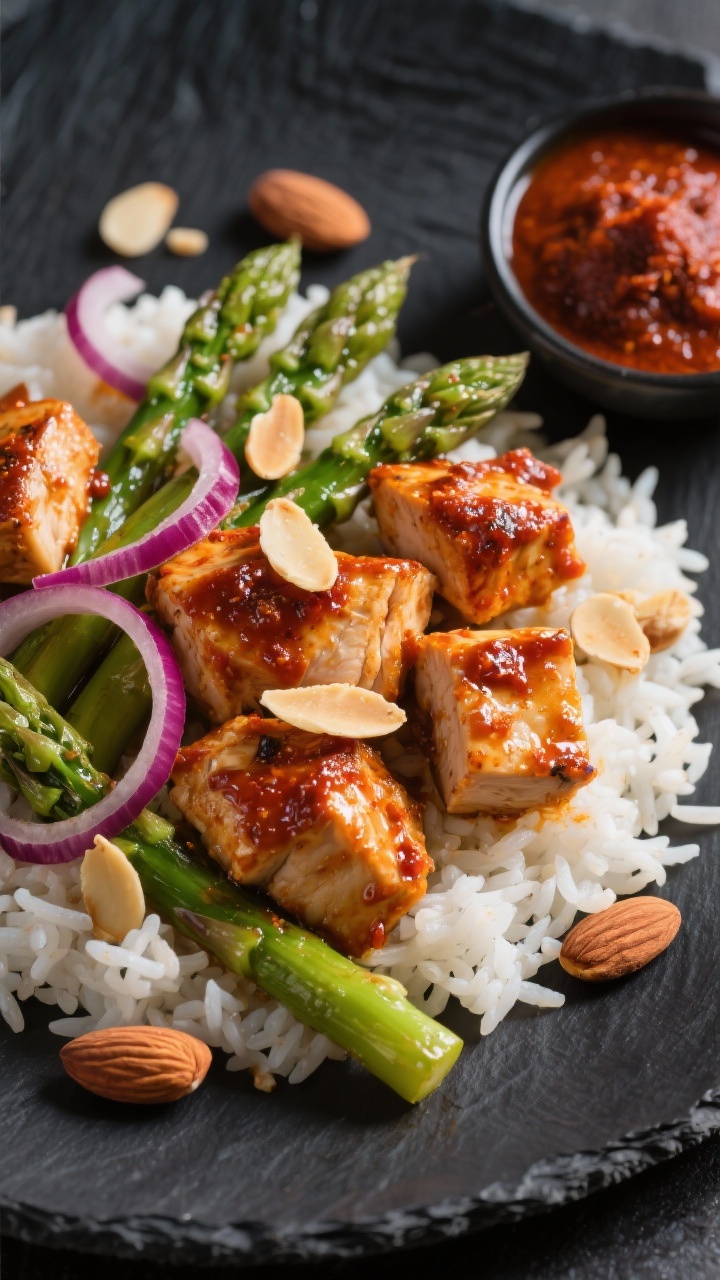 Close-up top-down shot of Spicy Harissa chicken, asparagus, and rice with toasted almonds: glossy harissa-coated cubes of chicken on fluffy white rice, vibrant asparagus, thin slices of red onion, and golden toasted almond slivers scattered on top; hints of garlic visible; dramatic contrast on a dark slate with a small dish of harissa paste, emphasizing heat and crunch.