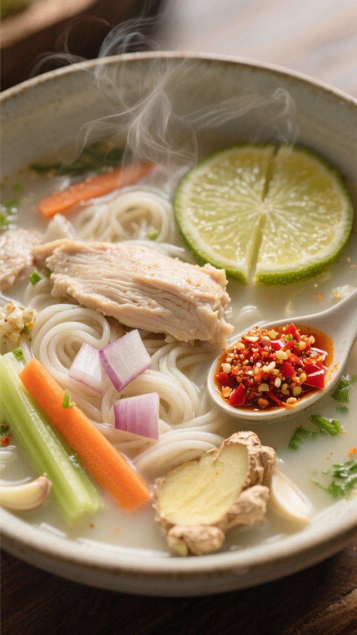 Cozy overhead shot of coconut-lime chicken noodle soup in a deep bowl: light, creamy broth with coconut sheen, thin noodles, diced onion, sliced carrots and celery, minced garlic and fresh ginger; hints of red curry paste tinting the broth, lime wedges on the side, a spoonful of chili crunch dolloped on top adding ruby flecks; steam rising, soothing yet vibrant.