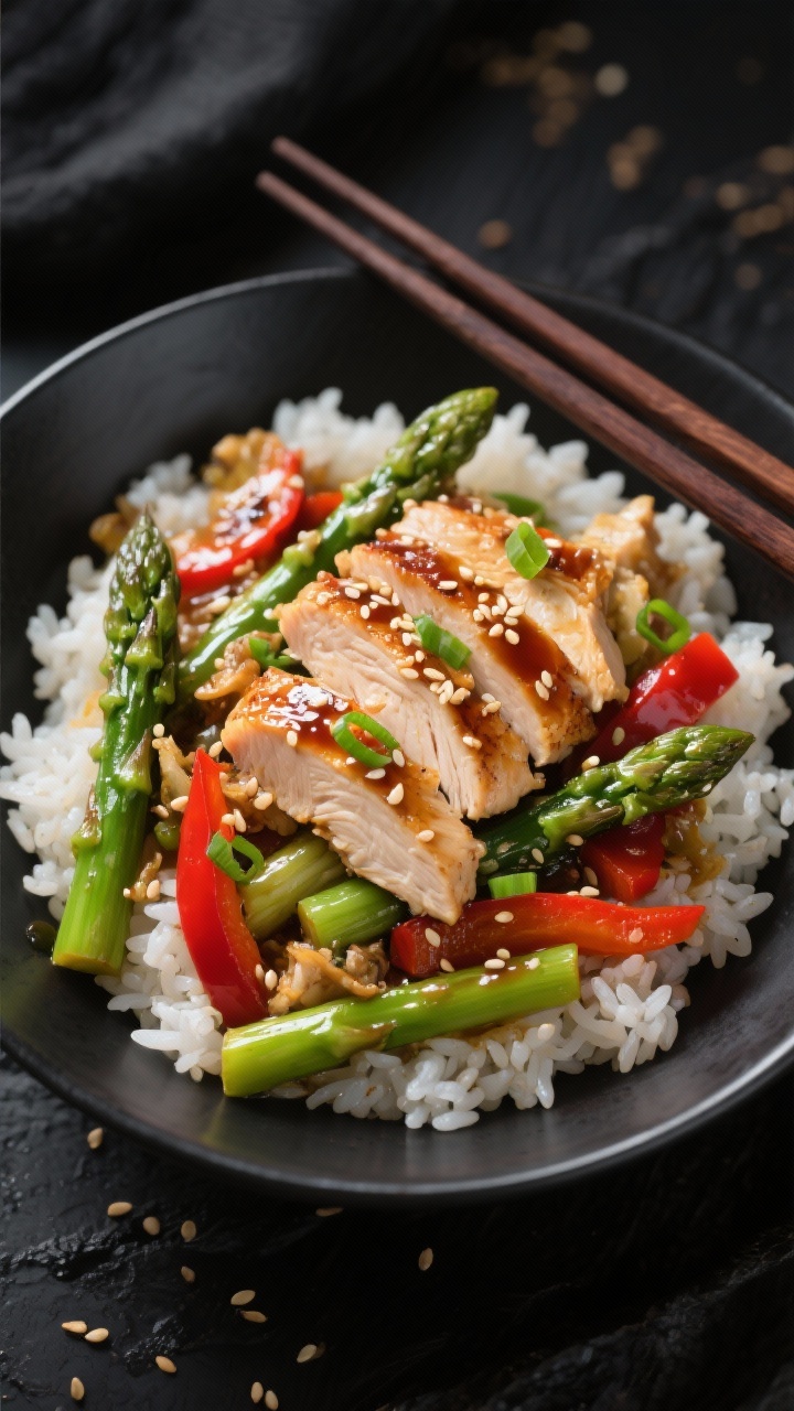 Dynamic overhead bowl shot of a Ginger-Sesame chicken, asparagus, and rice stir-fry: jasmine rice base topped with thinly sliced seared chicken, bias-cut asparagus, and optional red bell pepper strips; glossy ginger-soy-sesame glaze pooled lightly, sprinkled with toasted sesame seeds and scallions; set on a matte black surface with chopsticks, conveying a clean, modern Asian-inspired style.