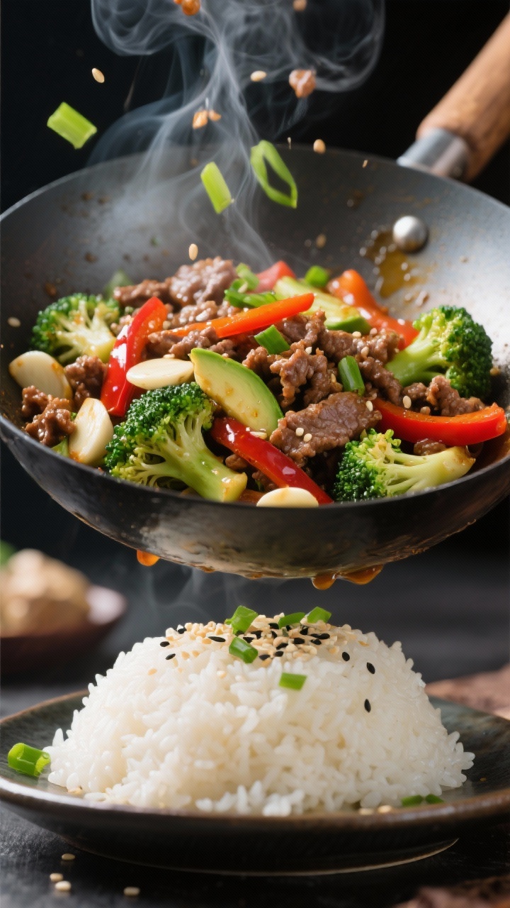 Dynamic wok action shot, 3/4 angle, of ginger-garlic beef and broccoli stir-fry: lean ground beef sizzling with avocado oil, thinly sliced garlic and ginger matchsticks, vibrant broccoli florets, and red bell pepper strips. Glossy sauce clings to vegetables; steam rising. Served over a small mound of rice in the background, sesame seeds and sliced green onions scattered on top.