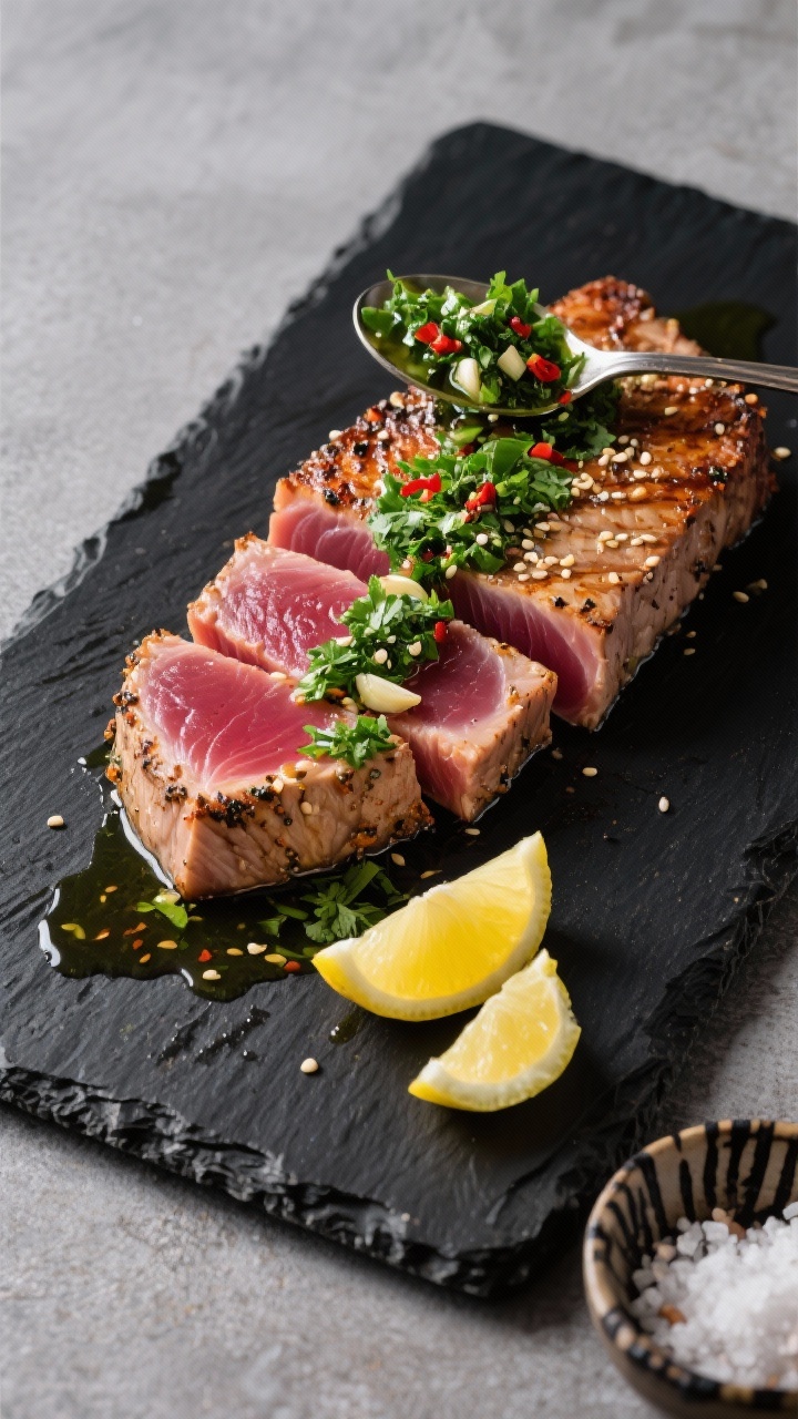 High-contrast, 45-degree slicing-board scene: just-seared tuna steaks (ahi/yellowfin), 1-inch thick, ruby centers with a peppery crust and a pinch of sesame seeds; spooned with vibrant green chimichurri (parsley, garlic, olive oil, red pepper flakes, vinegar) drizzled across; lemon wedges nearby, a small bowl of flaky sea salt, dark char lines visible; minimalist black slate for a sleek, speedy weeknight vibe.