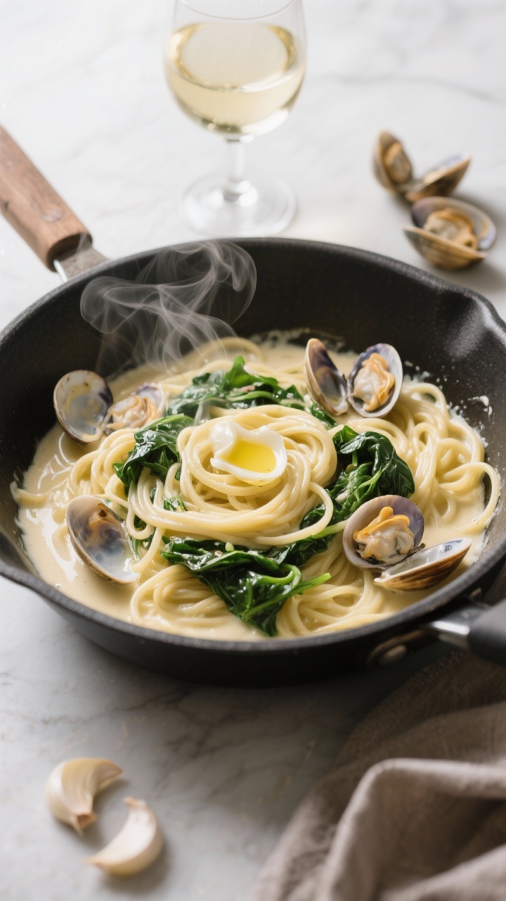 Ingredient-to-pan process shot, 45-degree angle: A deep skillet with linguine in a creamy Alfredo base enriched with white wine and bottled clam juice; littleneck clams just opened, thinly sliced garlic glistening in olive oil and butter, and wilted spinach threading through the sauce; steam curls upward; a small glass of dry white wine and extra clamshells nearby.