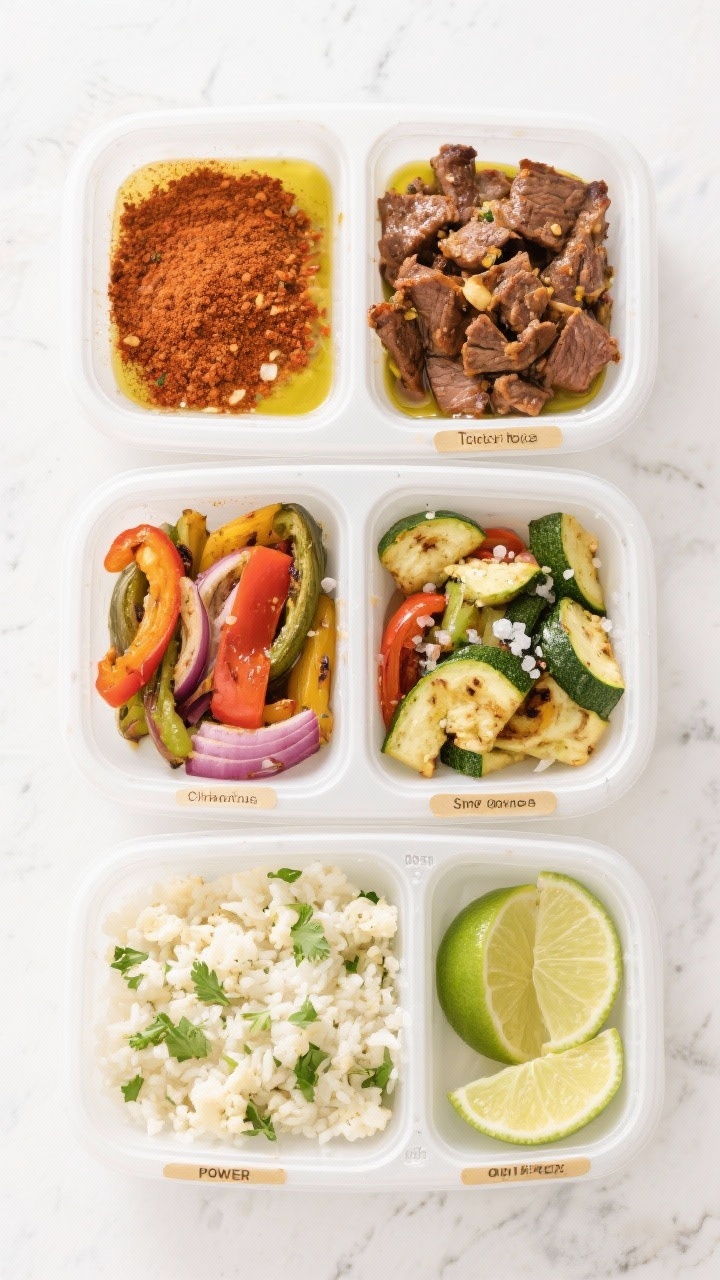Meal-prep flat lay: four compartmentalized power boxes arranged neatly—section 1: taco-spiced carne picada (chili powder, ground cumin, smoked paprika, garlic powder, kosher salt, black pepper) seared in olive oil; section 2: roasted mixed vegetables (peppers, onions, zucchini) with olive oil and salt; section 3: fluffy cilantro-lime cauliflower rice with visible herb flecks and lime wedges; clean, bright overhead with labels and measured portions.