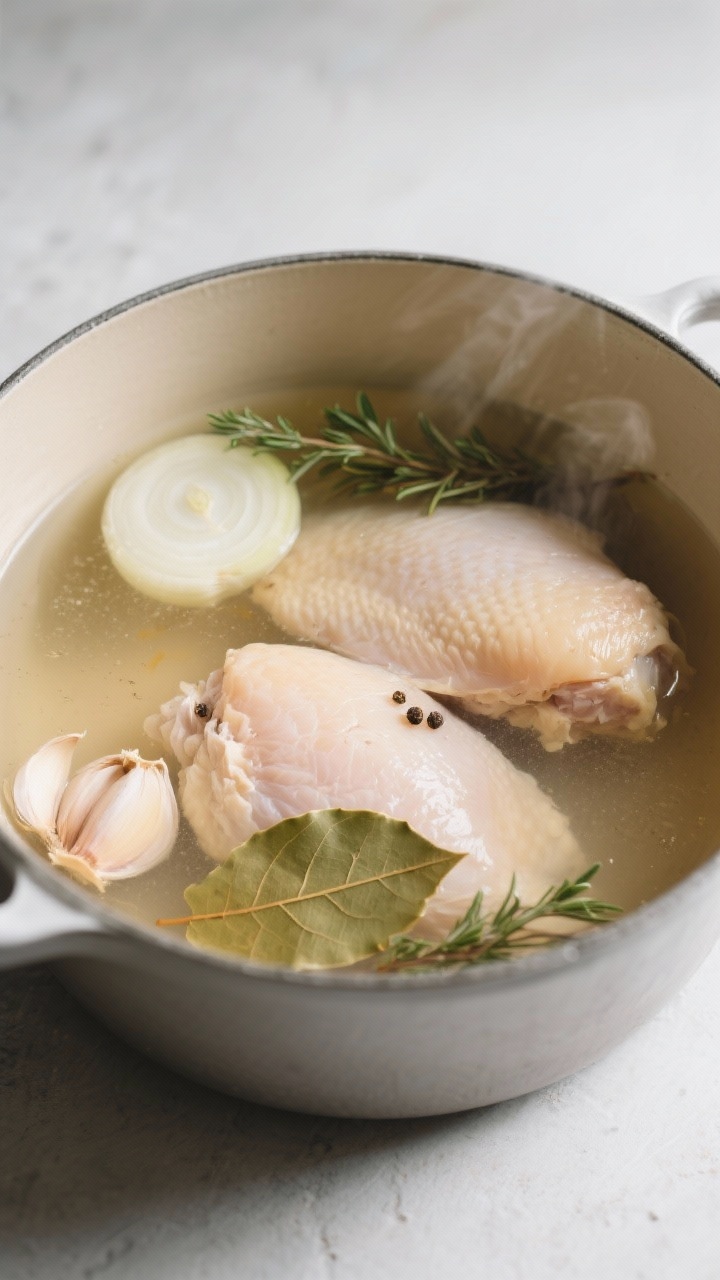 Minimalist overhead of poached chicken in a Dutch oven: two whole chicken breasts gently simmering in clear chicken broth with floating aromatics—halved onion, smashed garlic cloves, a bay leaf, a few peppercorns, and fresh thyme sprigs; soft, clean steam and a calm, spa-like light to emphasize tenderness and never-dry texture.