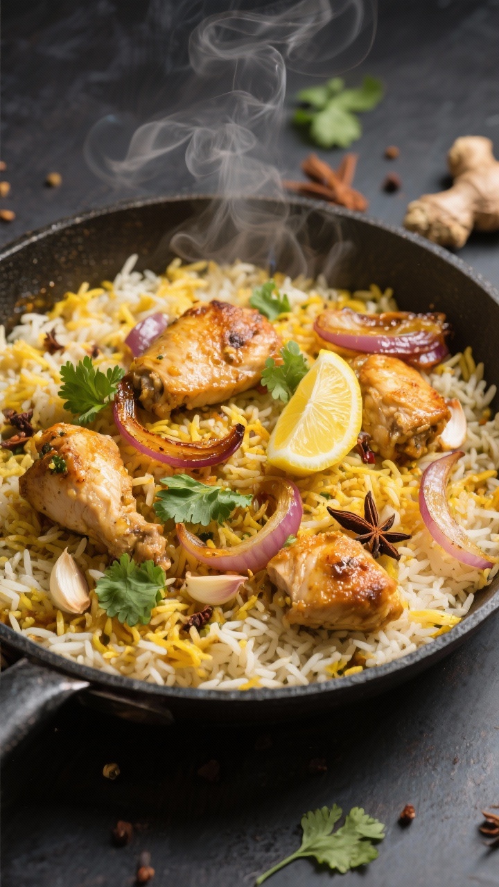 Overhead biryani-inspired skillet: basmati rice tinted golden with spices, studded with chunks of boneless chicken thighs, ribbons of deeply caramelized onions cooked in ghee, flecks of minced garlic and grated ginger; whole spices peeking through, garnished with cilantro and a wedge of lemon; fluffy grains separated, inviting, aromatic steam captured.