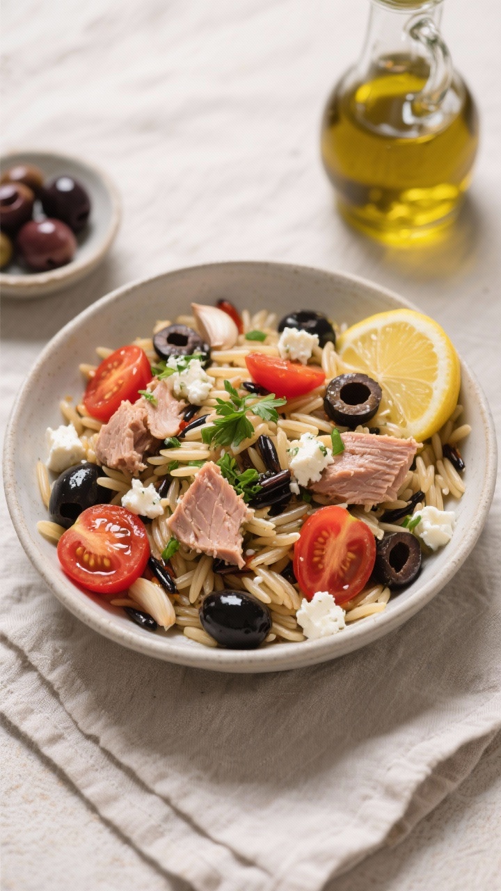 Overhead bowl shot: Mediterranean orzo tossed with olive oil, minced garlic, halved cherry tomatoes, sliced Kalamata olives, chunks of high-quality oil-packed tuna, and crumbles of feta; finished with parsley and a squeeze of lemon; glossy orzo grains, contrasting reds, blacks, and whites; set in a wide shallow bowl on a light linen, small dish of extra olives and a bottle of olive oil nearby.