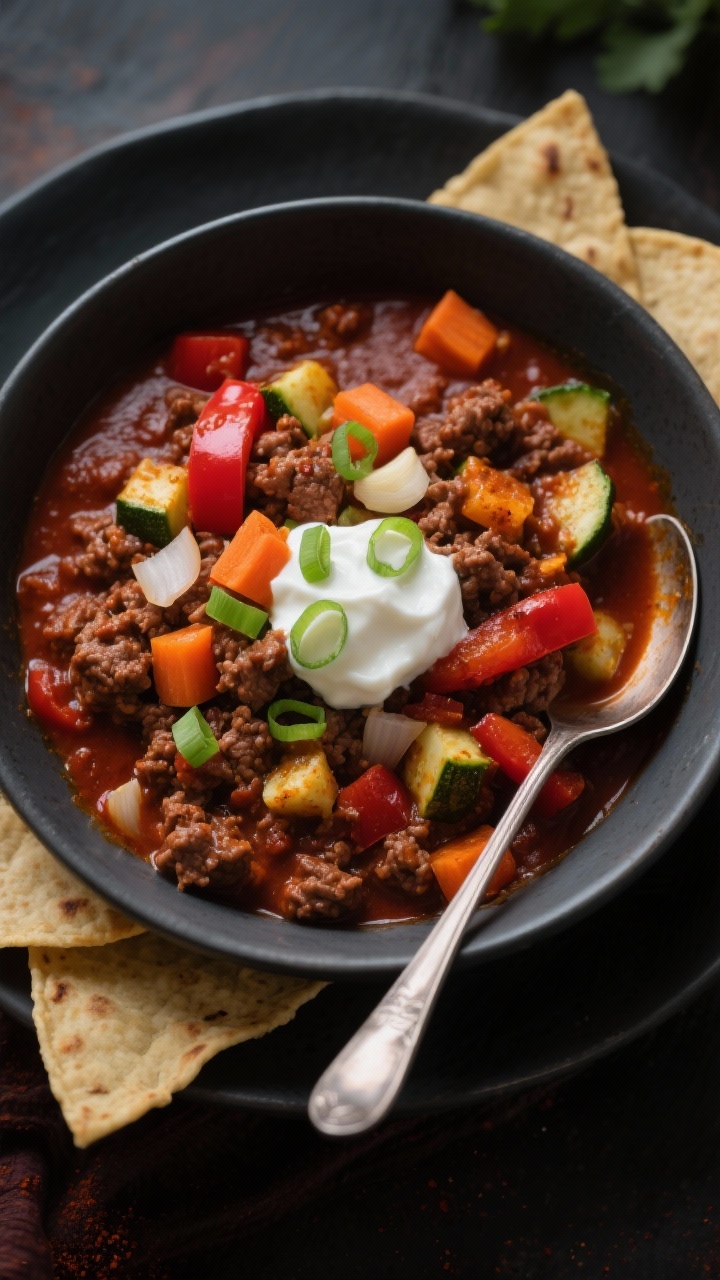Overhead bowl shot of Smoky Chipotle Beef Chili: lean ground beef simmered with diced onion, red bell pepper, finely chopped carrot and zucchini, garlic, chili powder, cumin, and chipotle for a deep red, slightly chunky texture; garnished with sliced green onion and a dollop of Greek yogurt; served in a matte charcoal bowl with a spoon, corn tortillas in frame; moody lighting for depth and richness