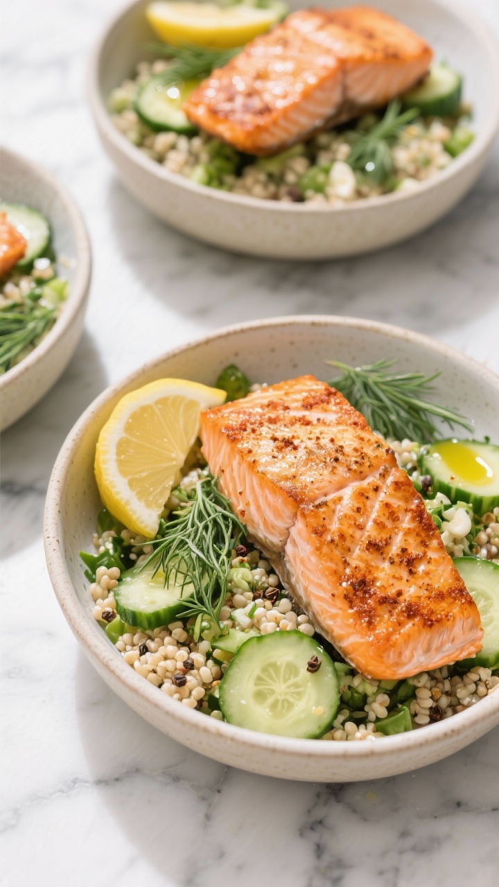 Overhead composition of Mediterranean salmon bowls: air-fried salmon fillets with crisp skin, seasoned with olive oil, smoked paprika, cumin, garlic powder, kosher salt, black pepper; arranged over cucumber-quinoa salad with dill and lemon wedges; drizzle of olive oil catching light, cool greens and warm coral hues balanced on a marble surface.