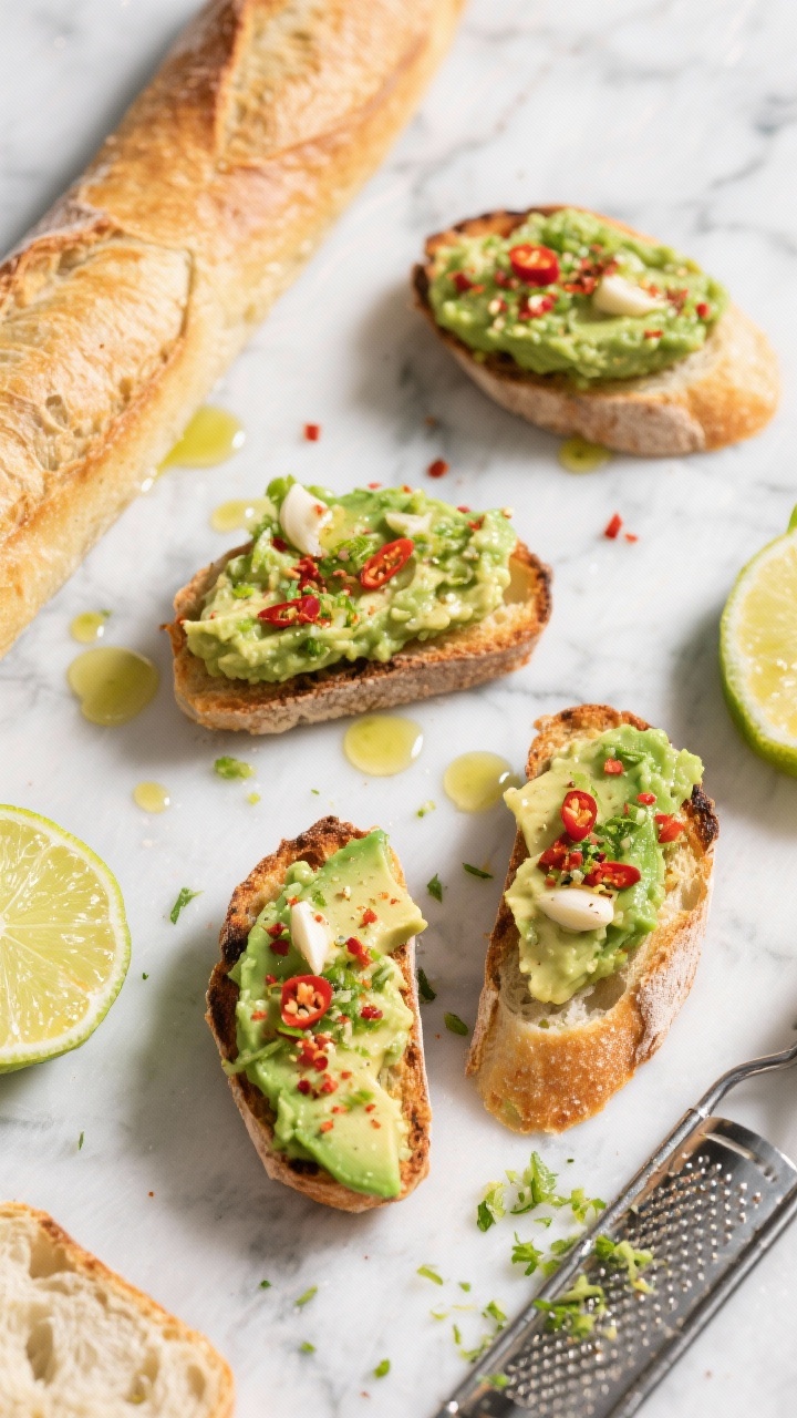 Overhead flat lay of crispy chili-lime avocado toast bites on a toasted sliced baguette and sourdough, topped with mashed ripe avocado flecked with lime zest, chili flakes, garlic powder, and a glossy olive oil drizzle; lime wedges and a microplane with fresh zest on a cool marble surface, vibrant green and red accents, sharp crunchy textures, no people.
