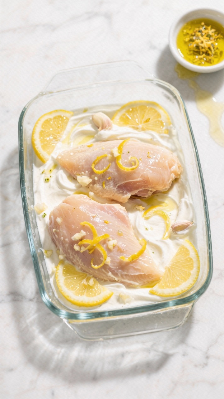 Overhead flat lay of Greek yogurt lemon chicken marinating in a shallow glass dish: thick whole-milk Greek yogurt swirled with extra-virgin olive oil, abundant lemon zest curls and fresh lemon halves, and finely minced garlic coating two large boneless skinless chicken breasts; bright, sunlit Mediterranean mood on a light marble surface with a small bowl of extra lemon zest and a drizzle trail of olive oil visible.