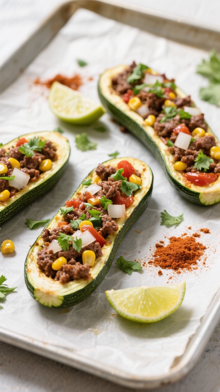 Overhead flat lay of Taco-Spiced Beef Zucchini Boats: zucchini halves hollowed and stuffed with taco-seasoned lean ground beef, diced onion, sweet corn kernels, and tomato paste; lightly browned, garnished with chopped cilantro and fresh lime wedges; a pinch of chili powder and taco seasoning scattered on the board; served on a parchment-lined sheet pan, bright daylight for vibrant colors