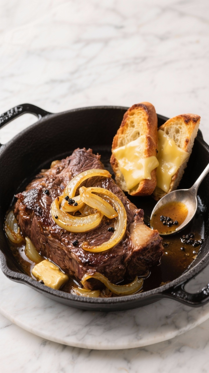 Overhead French onion–style beef roast scene: slow-cooked chuck roast bathed in glossy caramelized yellow onions (thinly sliced, kissed with sugar), butter and olive oil sheen visible in the pan juices; beside it, golden Gruyère toasts—baguette slices broiled with bubbling, browned edges of cheese; ladle of onion-rich jus on the side, black pepper specks on top, styled in a black enameled braiser on a marble surface, elegant bistro mood.