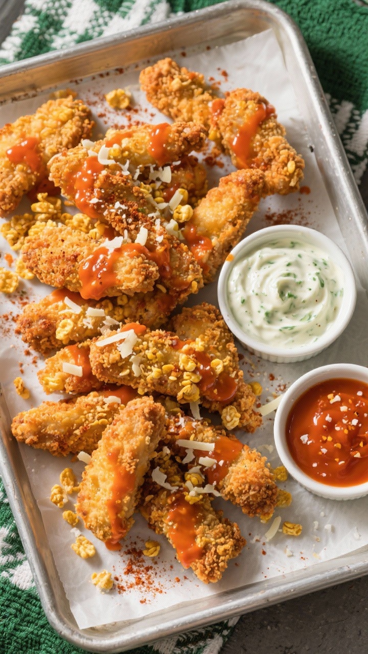 Overhead game-night platter of buffalo ranch baked chicken tenders: cornflake/panko-crusted tenders baked to golden crisp, tossed with buffalo sauce and ranch seasoning notes; ramekins of ranch dip and extra buffalo sauce, flecks of Parmesan, garlic powder and paprika dusting visible; lined with parchment on a tray for a casual, craveable look.