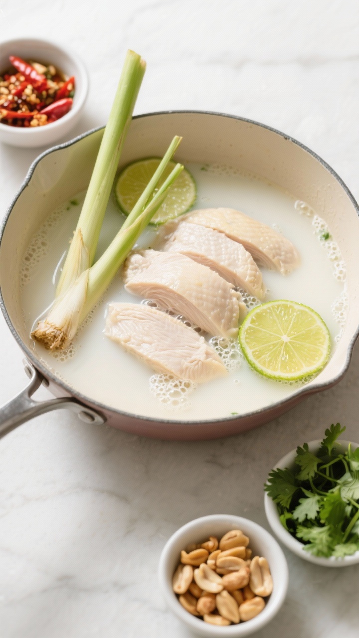 Overhead ingredient-and-poach scene for coconut-lime poached chicken: a shallow saucepan with creamy coconut milk and low-sodium chicken broth gently poaching thin slices of chicken; a smashed lemongrass stalk and lime slices floating, tiny bubbles at the edges; on the side, small bowls with crunchy chili topping components (chili crisp, toasted peanuts), fresh cilantro, and extra lime; bright, clean, spa-like mood.