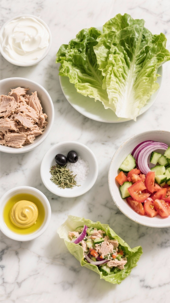 Overhead ingredient-to-assembly scene for zesty Greek tuna salad lettuce wraps: bowls of drained canned tuna, plain Greek yogurt, olive oil, lemon juice, Dijon mustard, dried oregano, kosher salt, and black pepper ready to mix; crisp lettuce leaves fanned out, diced cucumber, tomato, red onion, and kalamata olives as optional accents; bright Mediterranean palette on a marble surface.