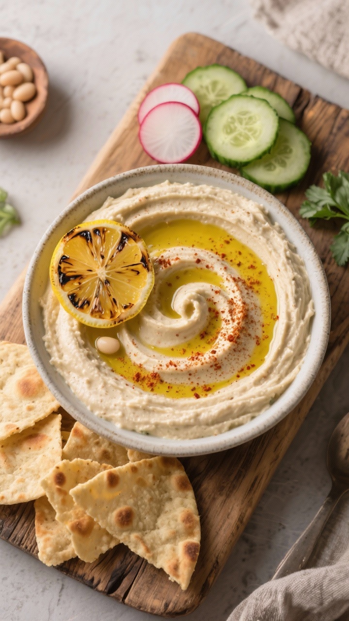 Overhead ingredient-to-final transition: creamy white bean hummus swirled in a shallow bowl, made from cannellini beans, tahini, olive oil, and a hint of garlic; topped with charred lemon halves squeezed over, a generous olive oil drizzle, paprika or sumac dusting; arranged with crunchy dippers—pita chips, sliced cucumbers, and radishes—on a rustic board.