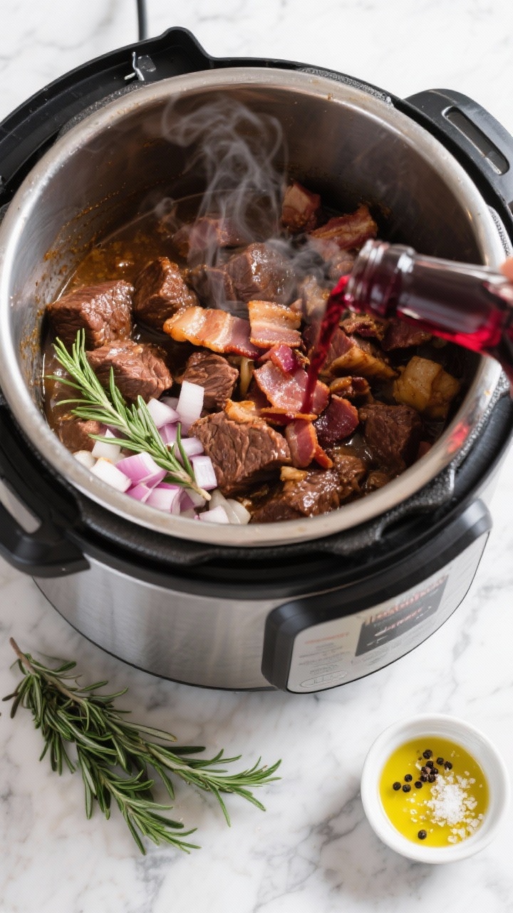 Overhead ingredient-to-pot action shot for Red Wine & Rosemary Beef Bourguignon-lite: browned stew meat and chopped thick-cut bacon in an Instant Pot insert, diced onion and black pepper visible, sprigs of fresh rosemary and a splash of red wine mid-pour; kosher salt pinch nearby; set on a marble counter with a small dish of olive oil, capturing sizzle, steam, and glossy fond on the pot bottom.