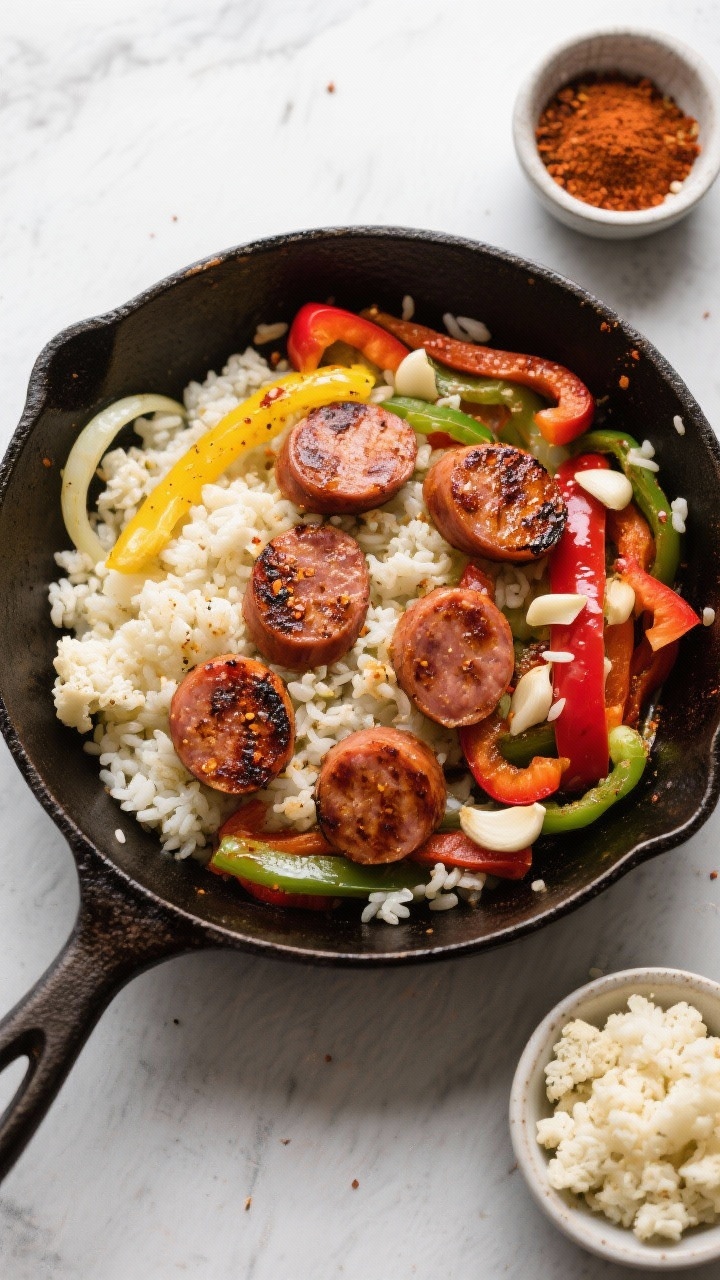 Overhead ingredient-to-skillet transition shot for Cajun sausage cauliflower rice skillet: sliced Paleo-friendly smoked/andouille sausage coins seared with charred edges; riced cauliflower forming fluffy white grains; sliced yellow onion, red and green bell peppers in vibrant strips; minced garlic dotted throughout. Cajun seasoning dusting visible on sausage and veg, olive oil gloss. Cast-iron skillet centered, small bowls of spice blend and cauliflower rice off to the side for context.