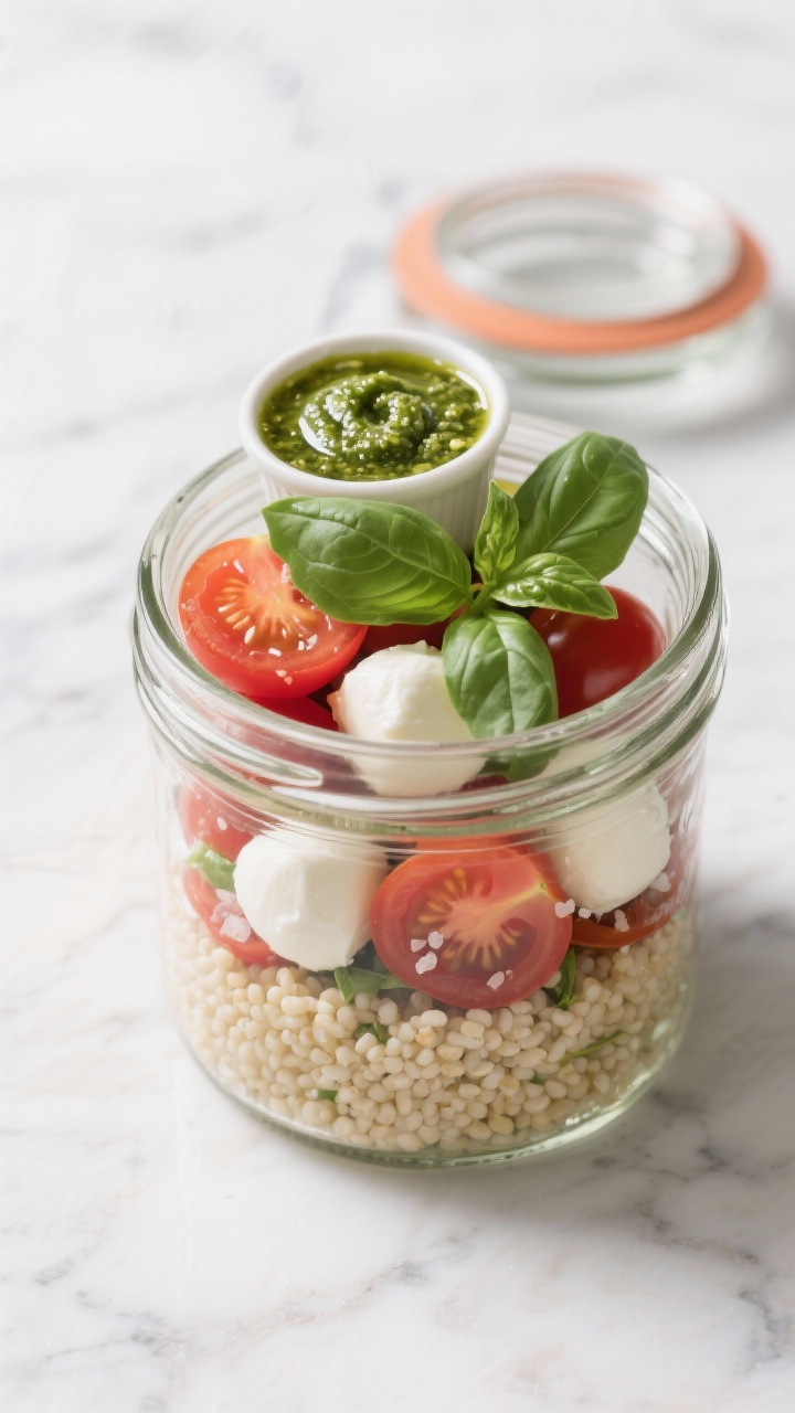 Overhead jarred salad: glass jars layered with fluffy couscous (olive oil and salt), halved cherry tomatoes, mini mozzarella balls (ciliegine), and a small-top container of pesto for drizzling; basil leaves tucked in, a glossy green pesto swirl on the top jar; clean marble surface, tidy mise-en-place vibe, high-key lighting to pop the reds, whites, and greens, perfect for trail-ready caprese couscous.