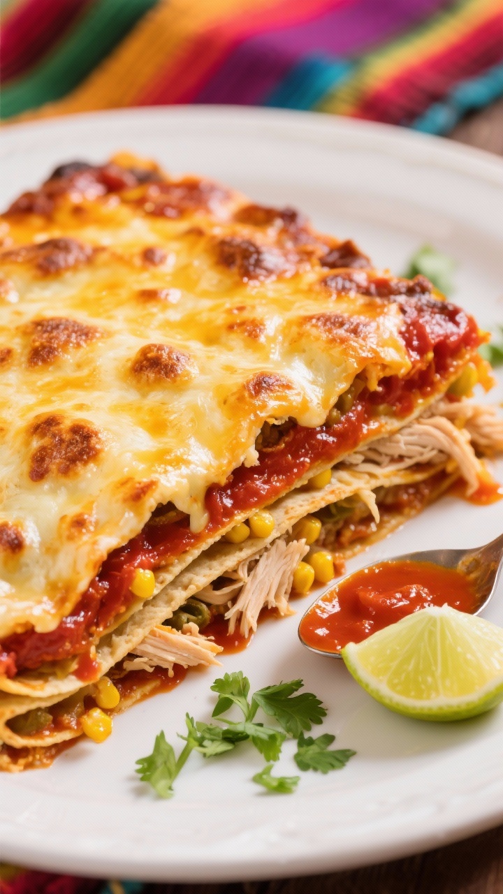 Overhead layered baked chicken enchilada casserole: cross-section slice plated to show layers of corn tortillas, shredded chicken, red enchilada sauce, and melty Monterey Jack; bubbling cheese on top with slight browned spots, extra sauce spooned around, garnished with chopped cilantro and a lime wedge; vibrant, fiesta-inspired color palette.