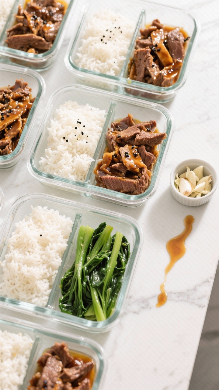 Overhead meal-prep layout for sweet soy garlic beef: neatly arranged glass containers each holding glossy shredded chuck in a soy-honey-garlic sauce (low-sodium soy, honey, water/broth), sauce clinging to the meat, black pepper flecks; compartments with jasmine rice and simple steamed greens; a small ramekin of minced garlic and a drizzle trail of sauce to the side; bright, clean light on a white quartz counter to emphasize weekly prep efficiency and appetizing shine.