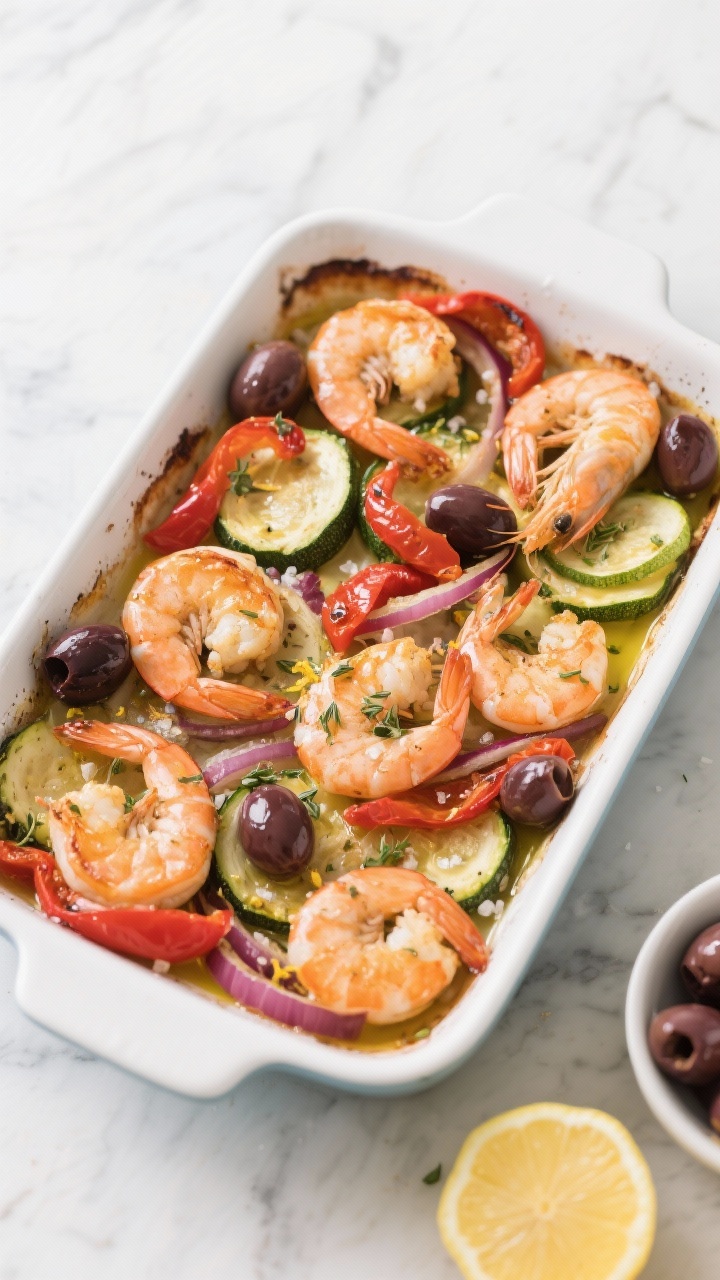 Overhead Mediterranean shrimp bake in a white enamel roasting dish: large shrimp curled and just opaque, half-moon zucchini slices, slivers of red onion, ribbons of roasted red peppers, and glossy Kalamata olives scattered throughout. Olive oil shimmer, oregano and lemon zest flecks, light sea salt. Bright, coastal vibe with a lemon half and a small bowl of olives at the corner, clean marble background for contrast.